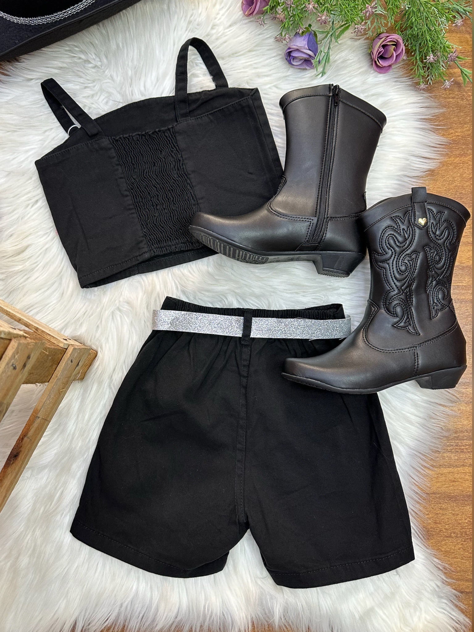 Conjunto Infantil Blusa e Short Sarja Preto Boiadeira Casual