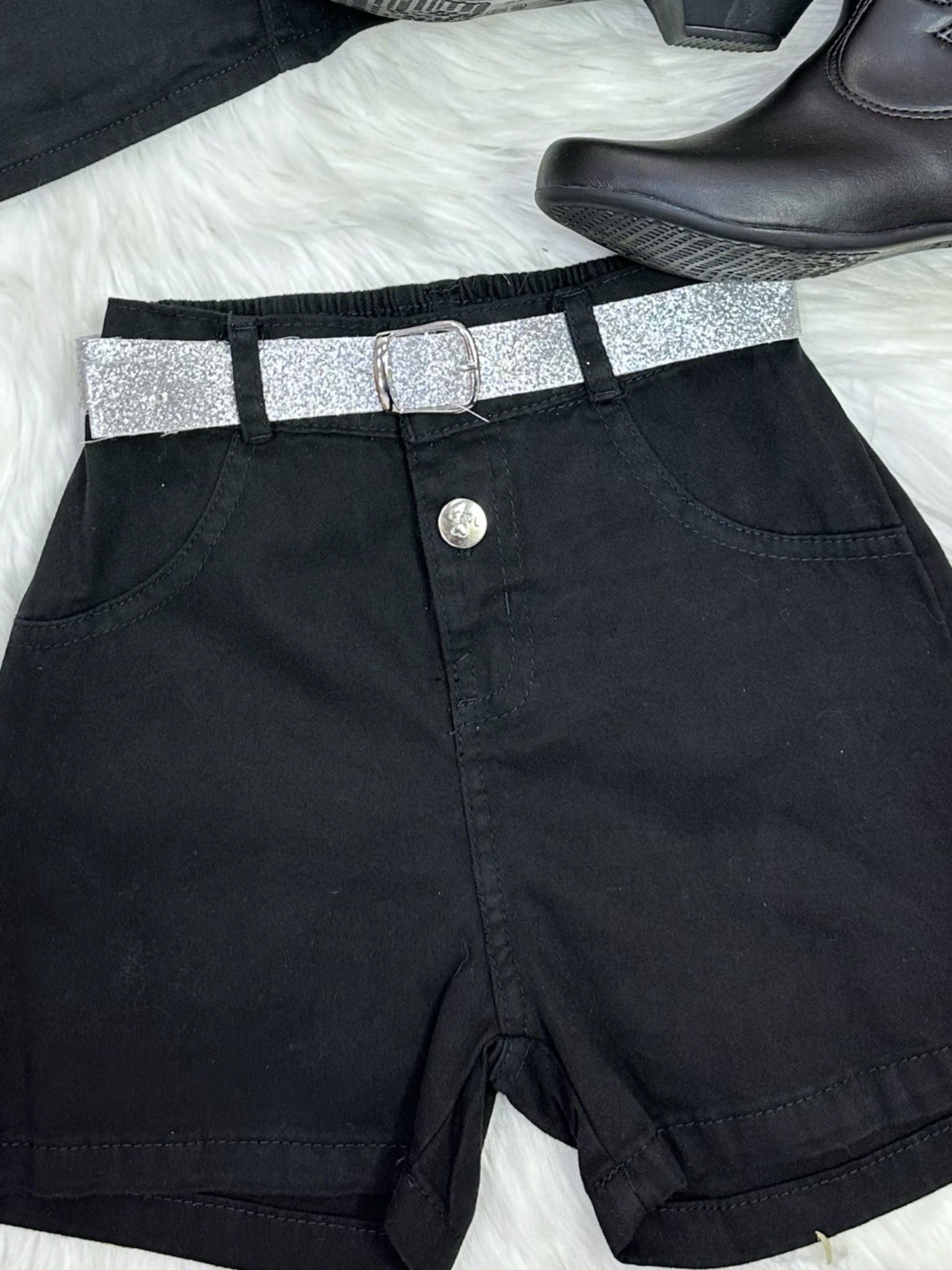 Conjunto Infantil Blusa e Short Sarja Preto Boiadeira Casual