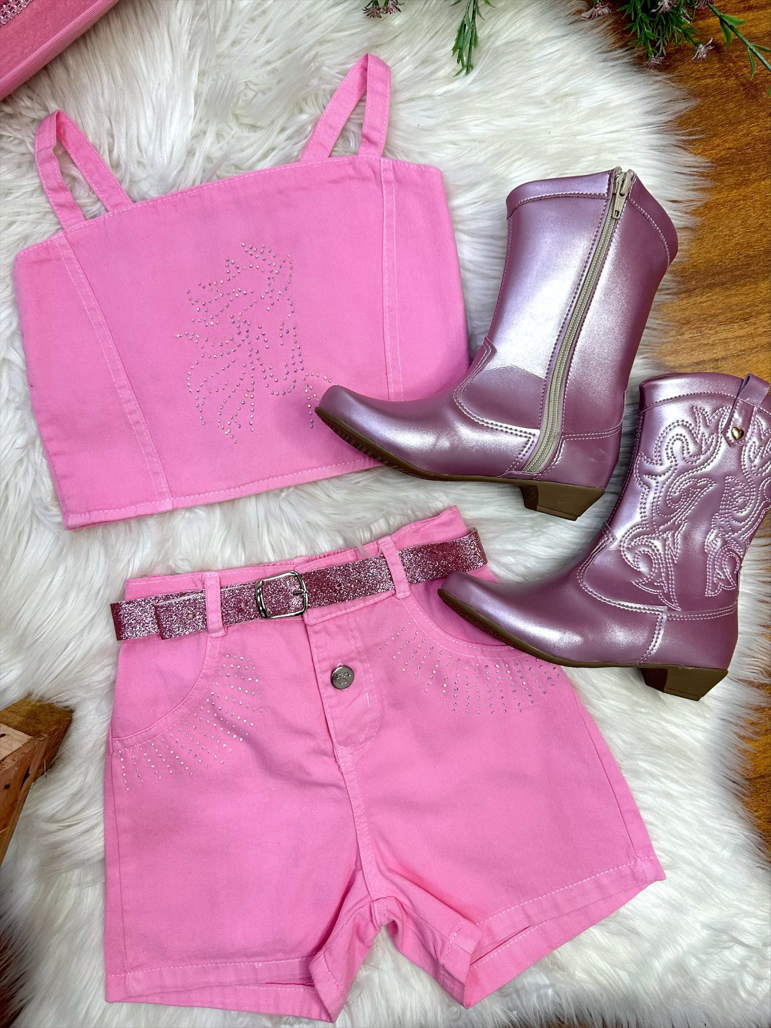 Conjunto Infantil Blusa e Short Sarja Rosa Boiadeira Casual