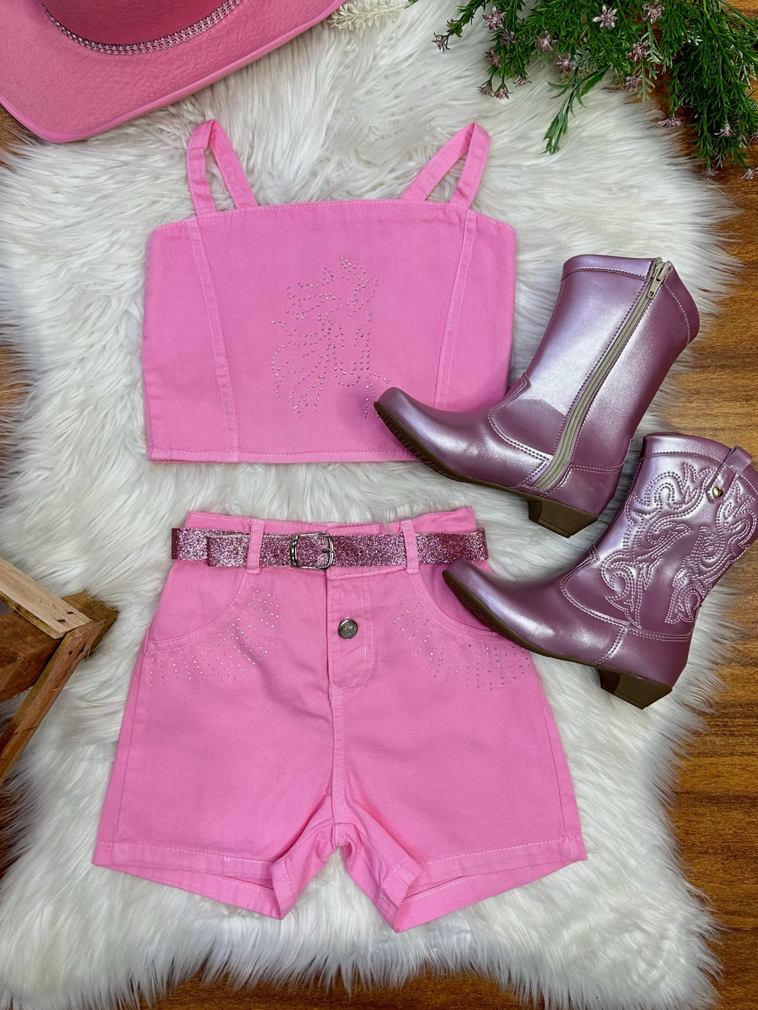 Conjunto Infantil Blusa e Short Sarja Rosa Boiadeira Casual