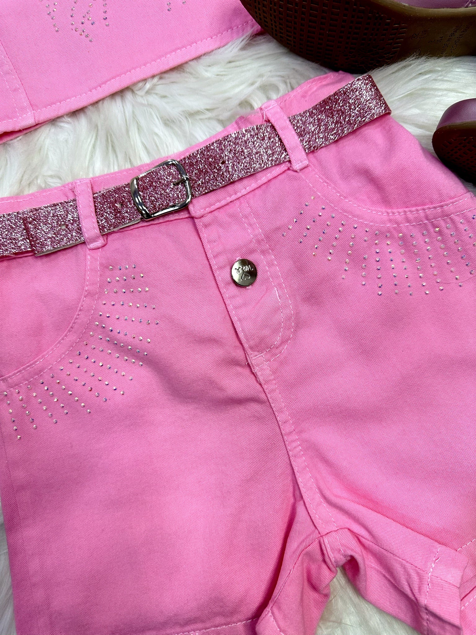 Conjunto Infantil Blusa e Short Sarja Rosa Boiadeira Casual