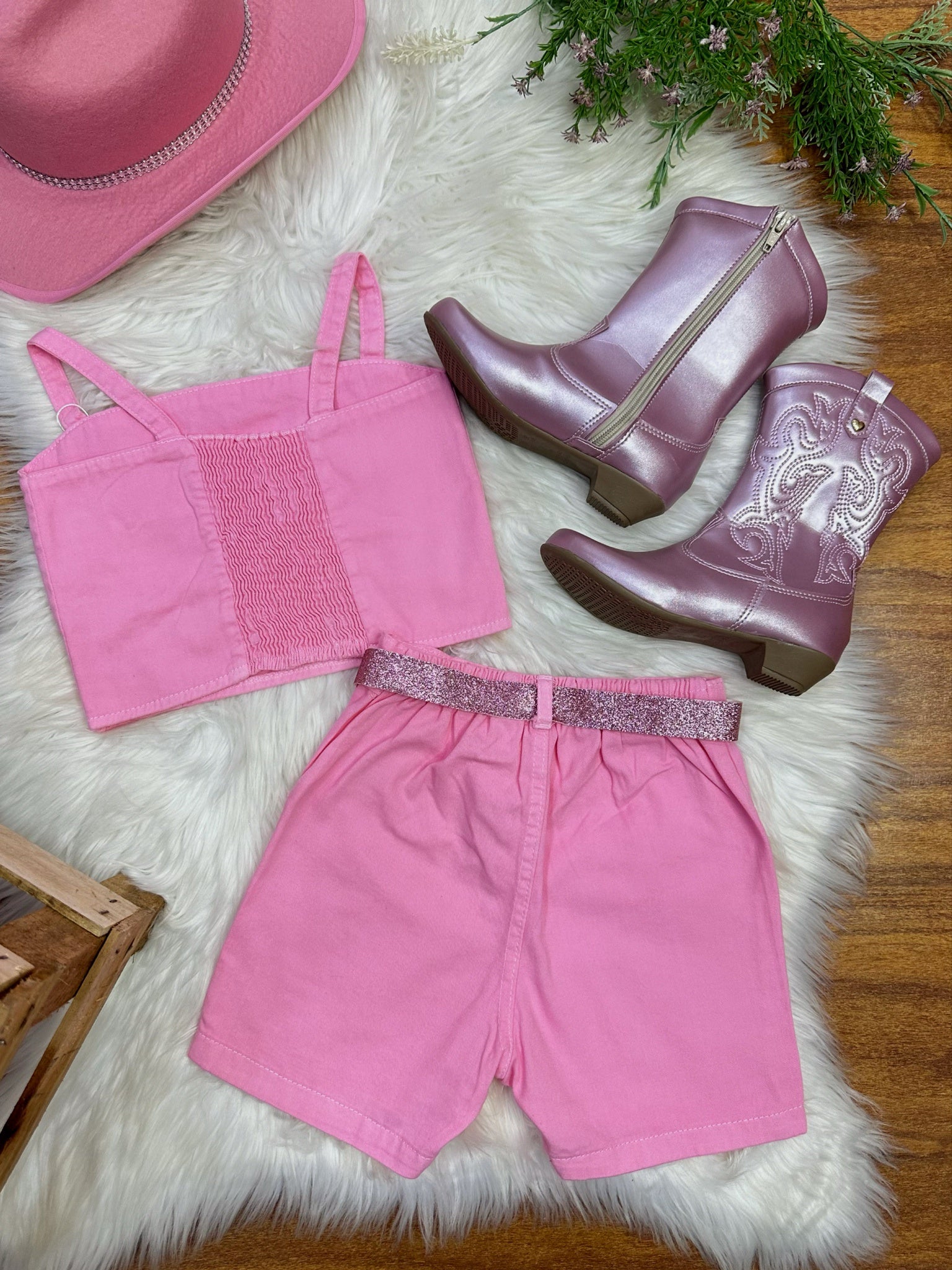 Conjunto Infantil Blusa e Short Sarja Rosa Boiadeira Casual