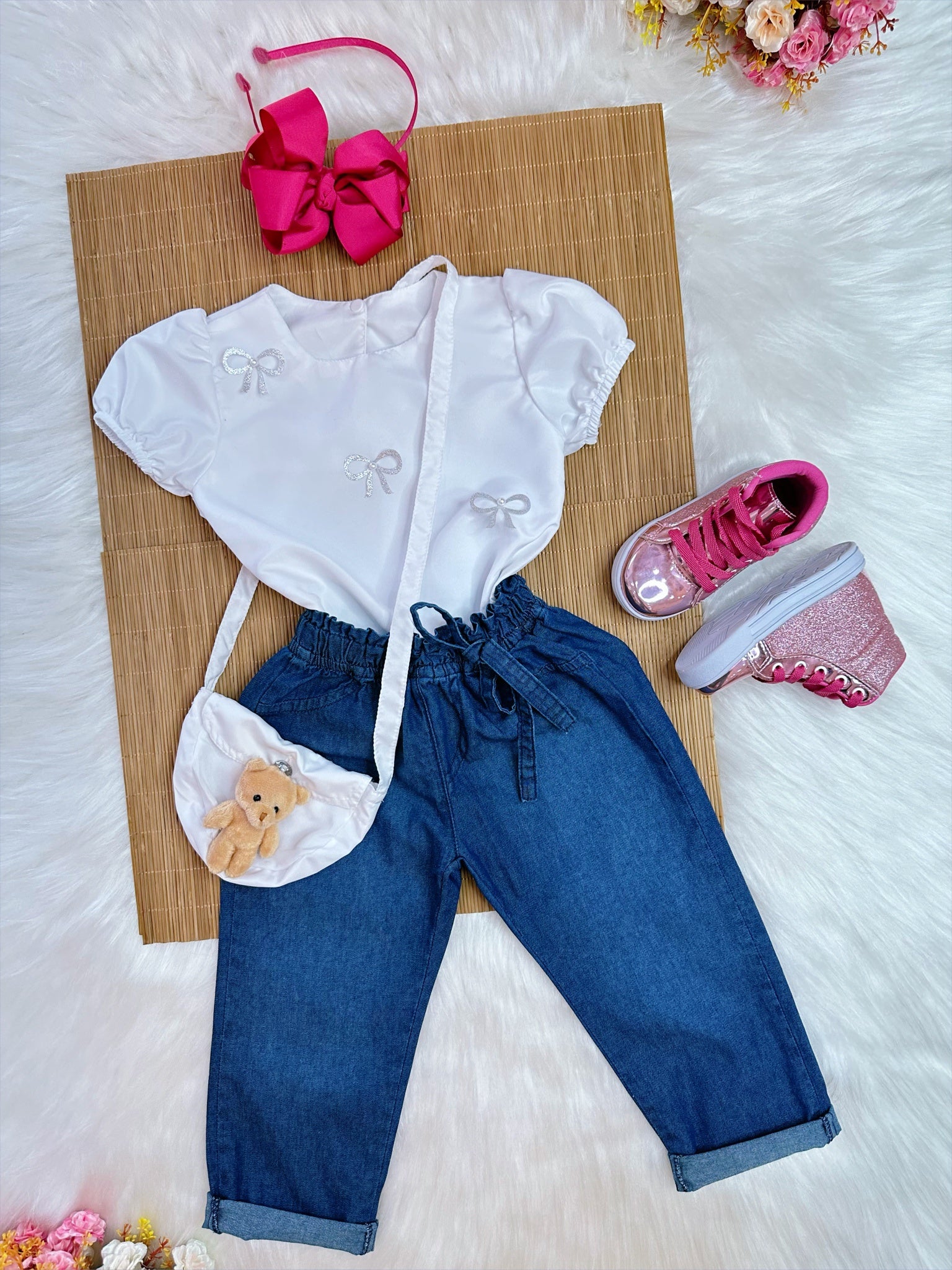 Conjunto infantil C/ Blusa Branca e Calça Jeans Azul Bolsinha