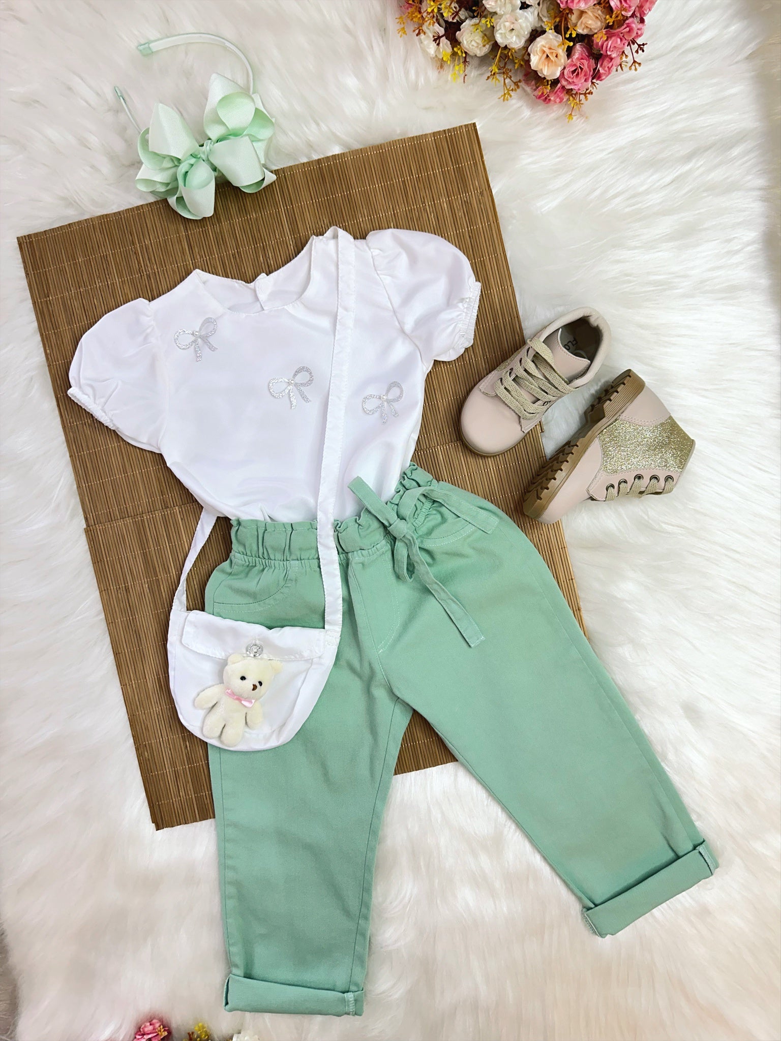 Conjunto infantil Com Blusa Branca e Calça Verde Bolsinha