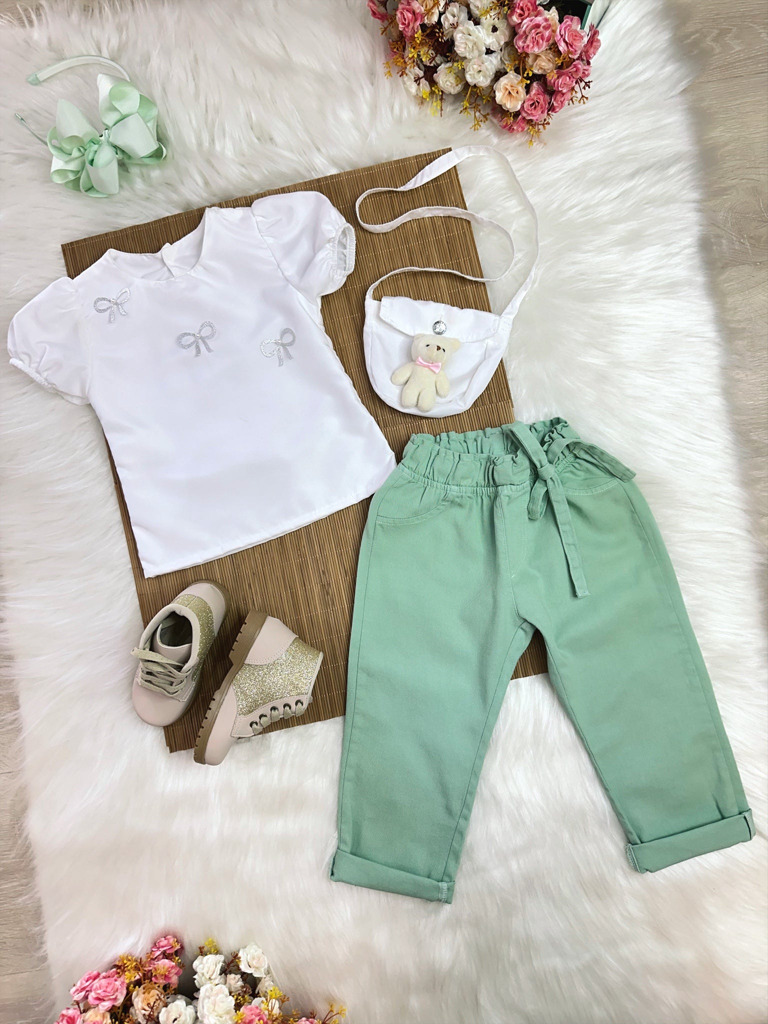 Conjunto infantil Com Blusa Branca e Calça Verde Bolsinha