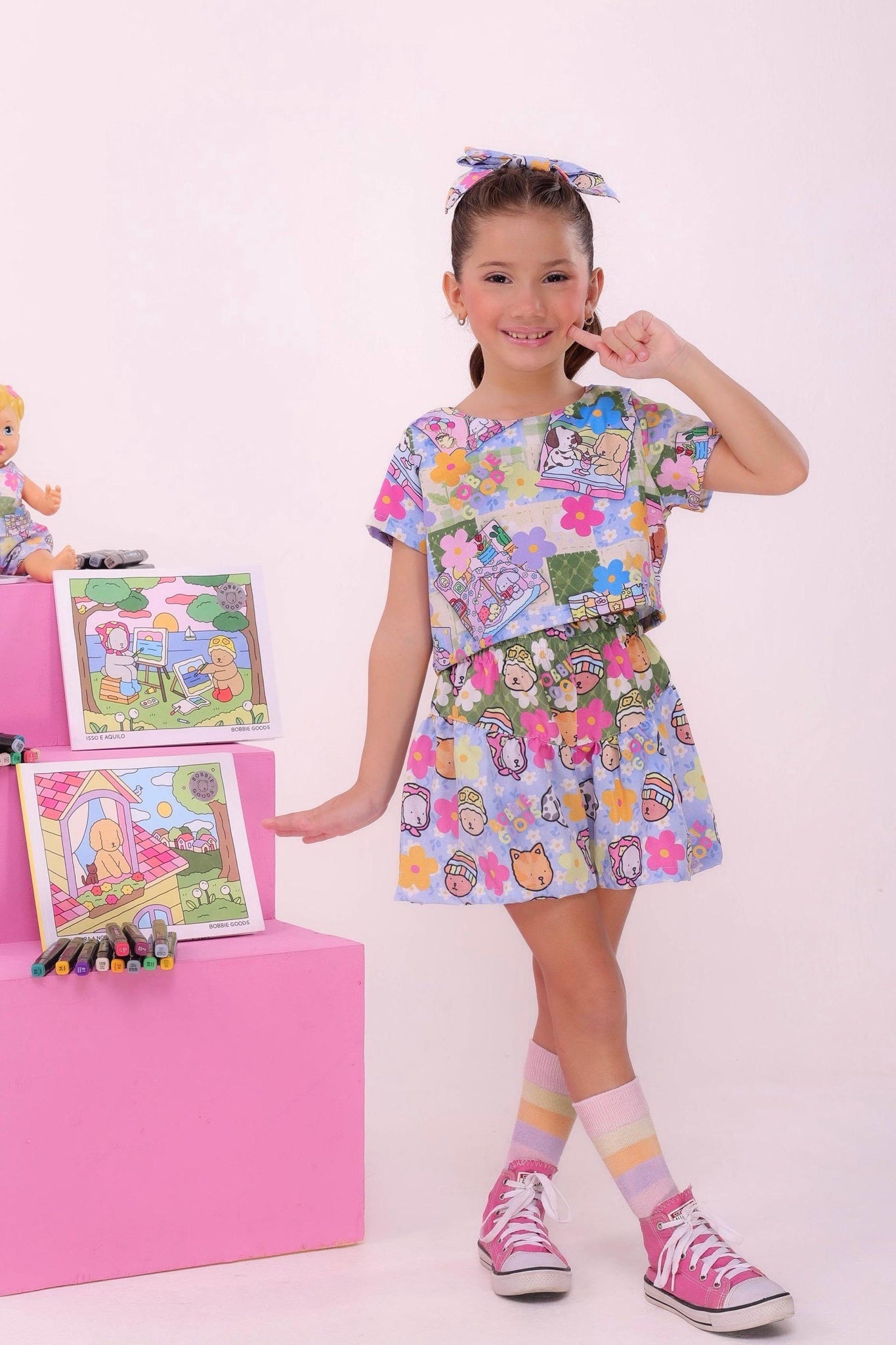 Conjunto Infantil Cropped e Saia Colorido Bobbie goods Festas