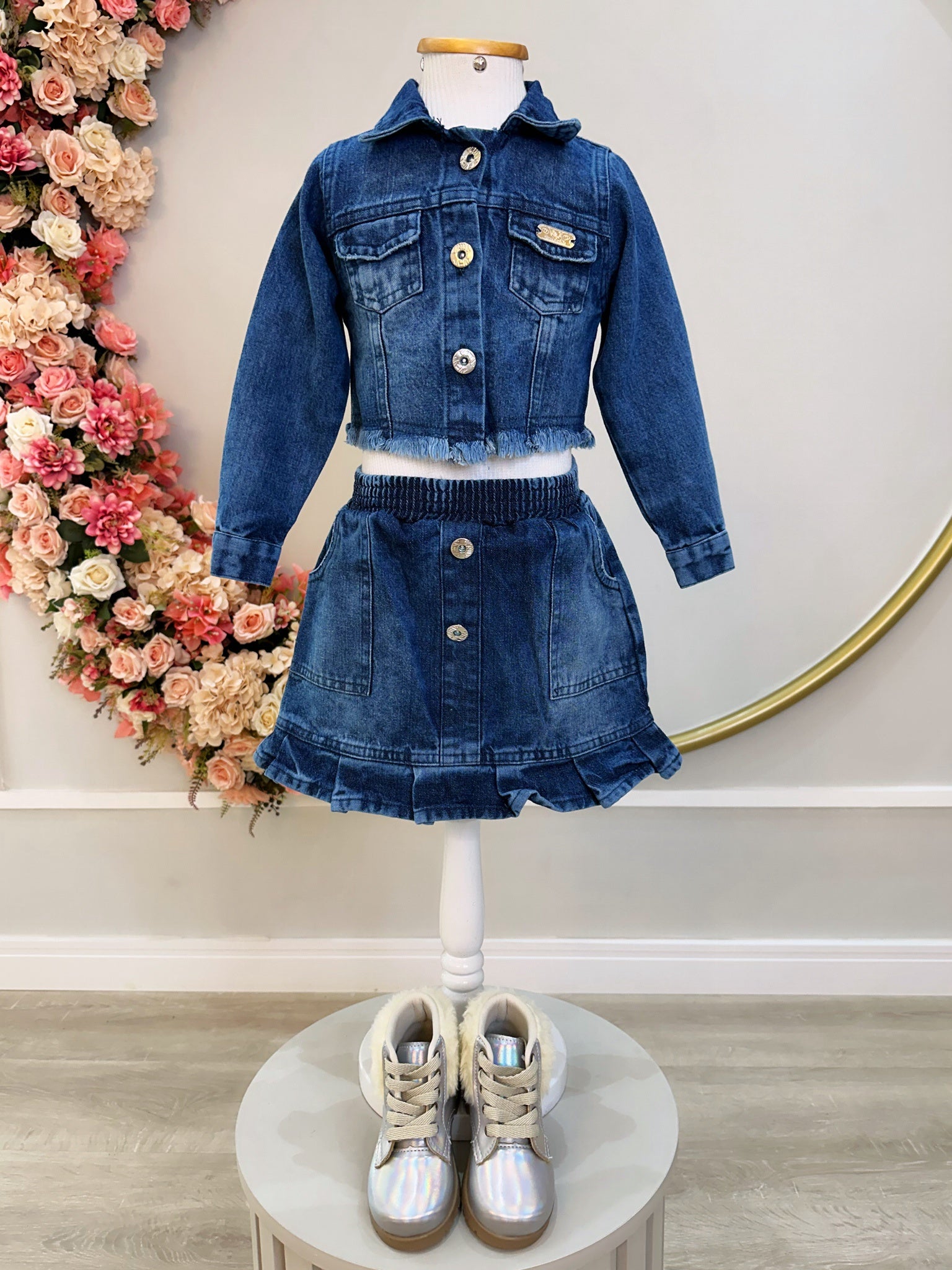 Conjunto Infantil Jaqueta e Saia Jeans Azul Casual