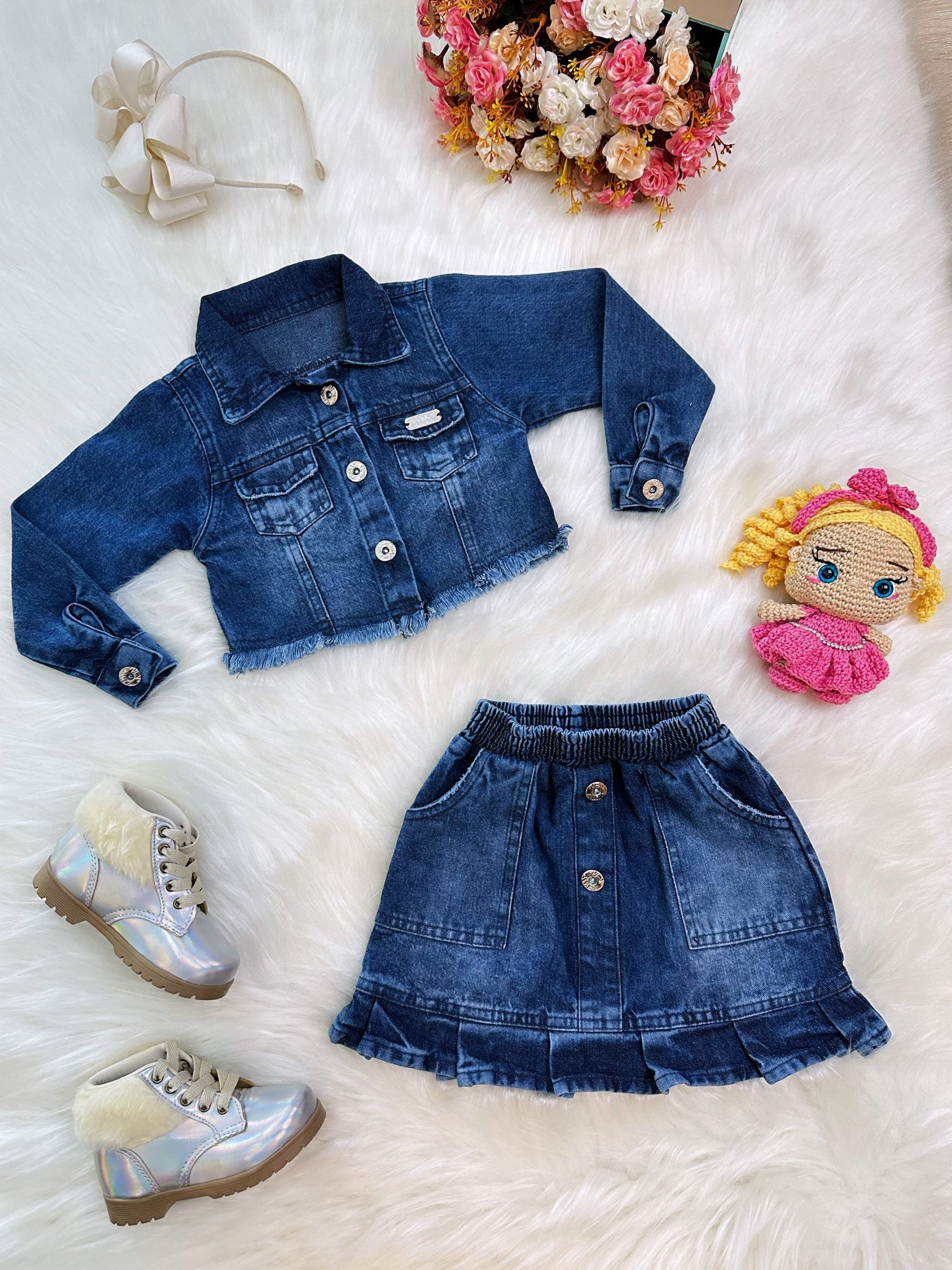 Conjunto Infantil Jaqueta e Saia Jeans Azul Casual