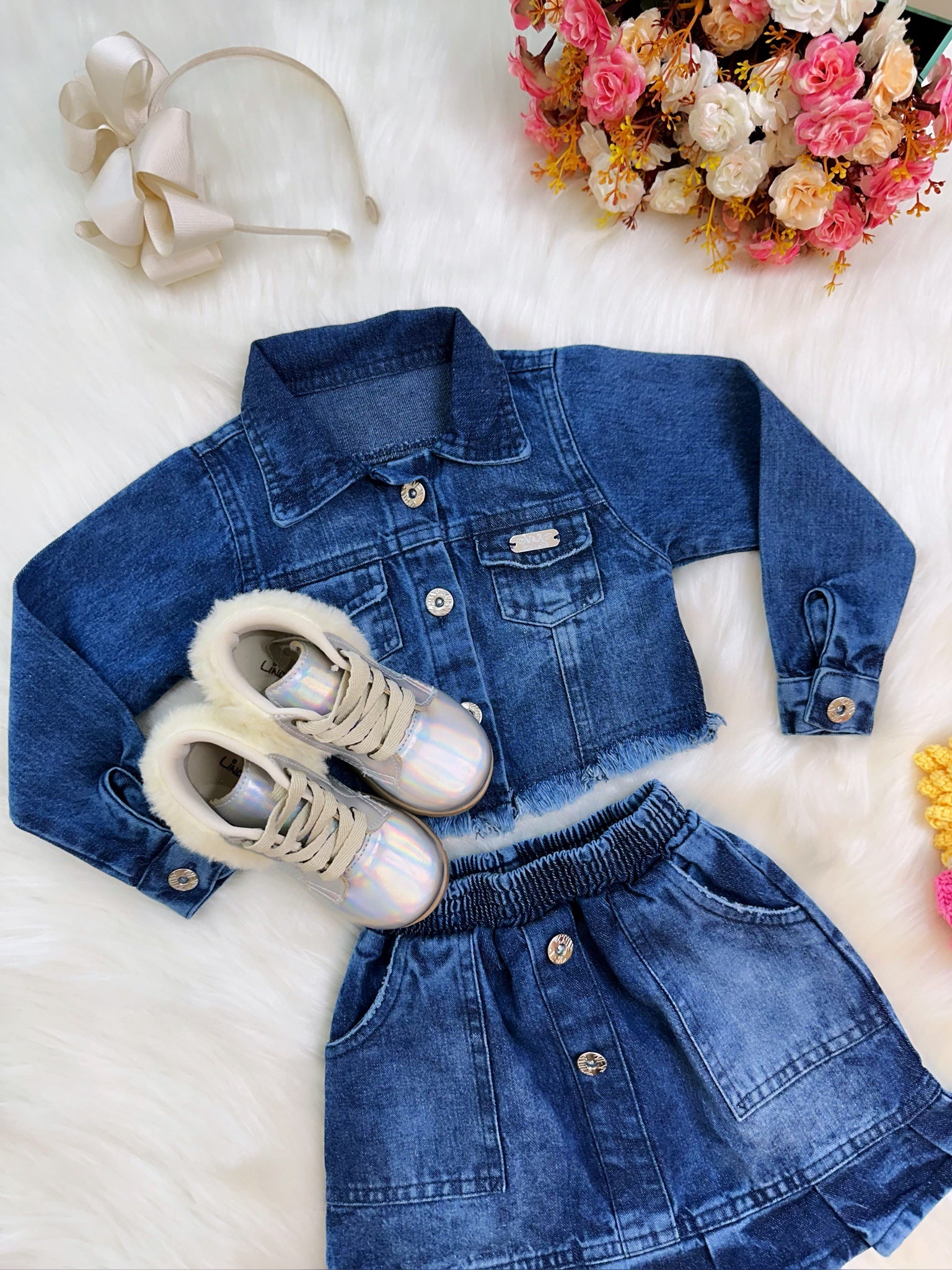 Conjunto Infantil Jaqueta e Saia Jeans Azul Casual