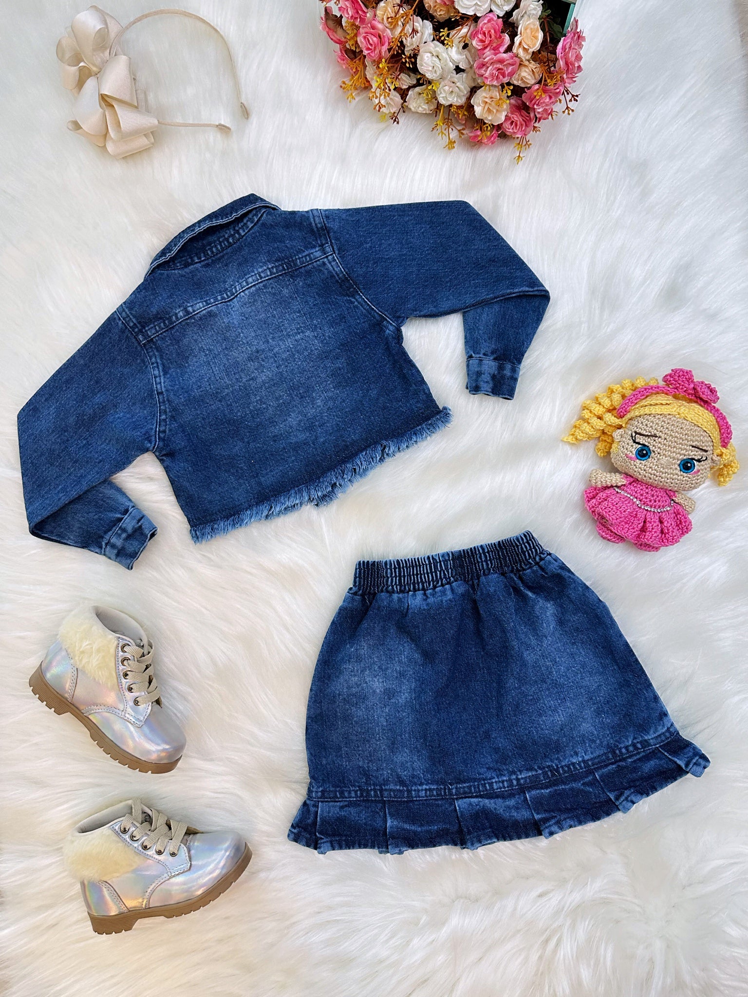 Conjunto Infantil Jaqueta e Saia Jeans Azul Casual