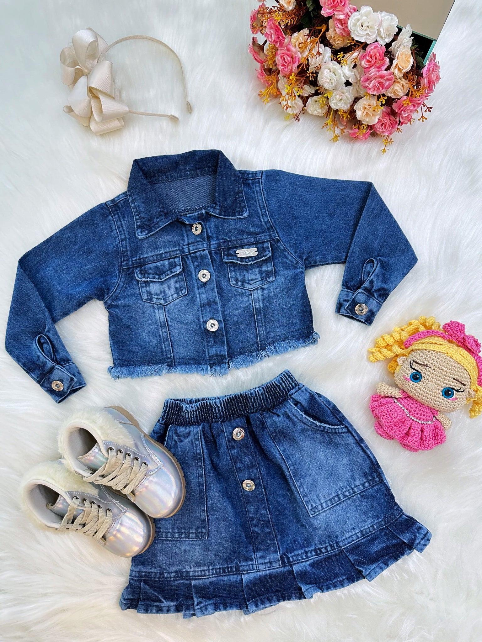 Conjunto Infantil Jaqueta e Saia Jeans Azul Casual