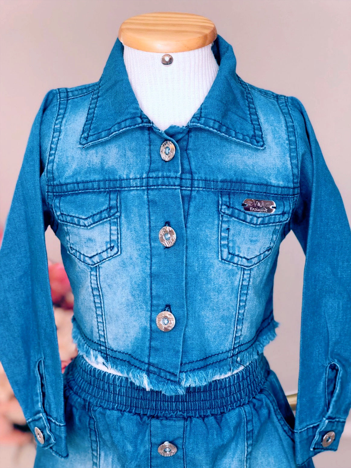 Conjunto Infantil Jaqueta e Saia Jeans Azul Luxo