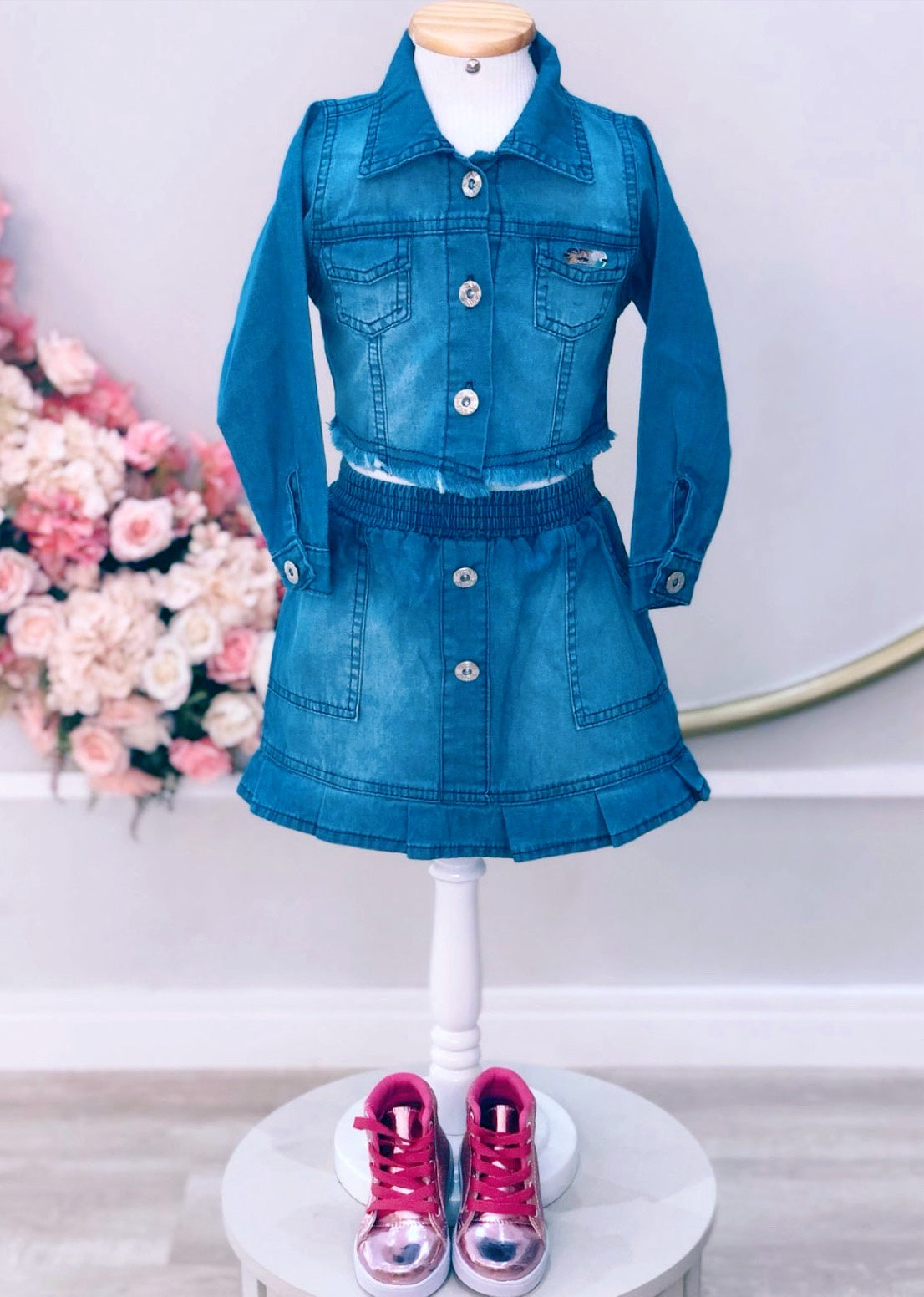 Conjunto Infantil Jaqueta e Saia Jeans Azul Luxo