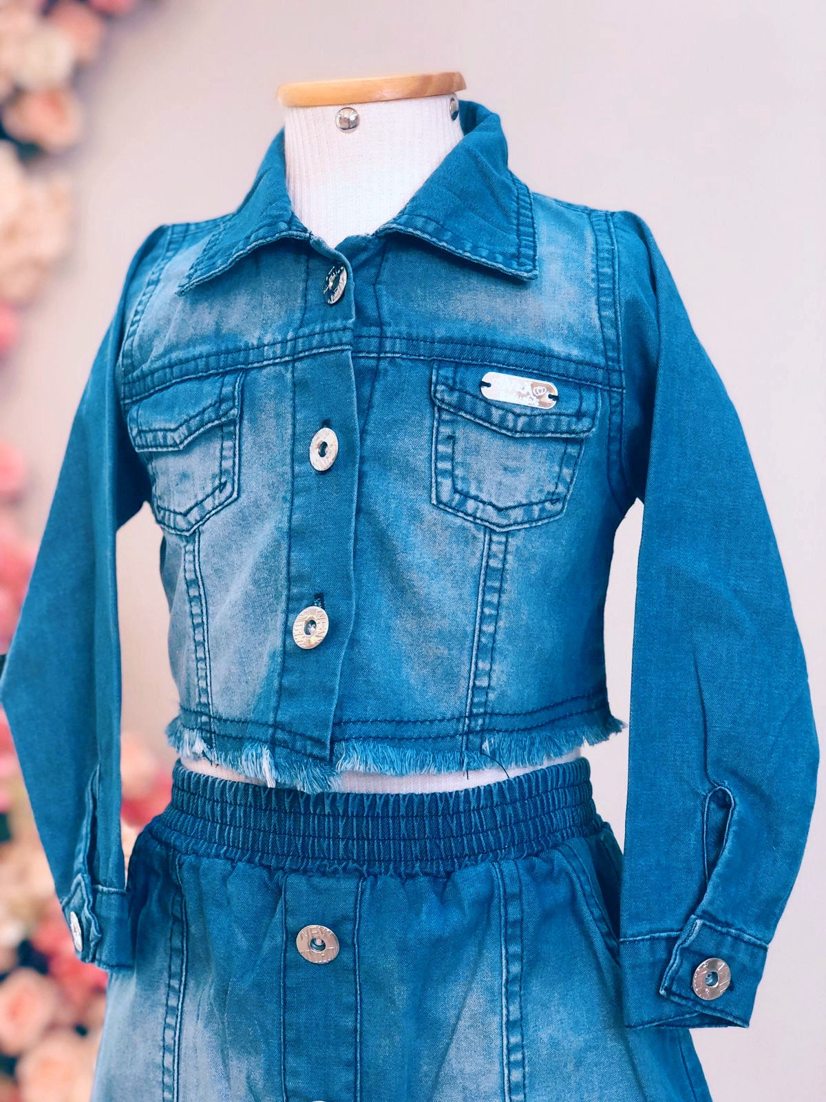 Conjunto Infantil Jaqueta e Saia Jeans Azul Luxo