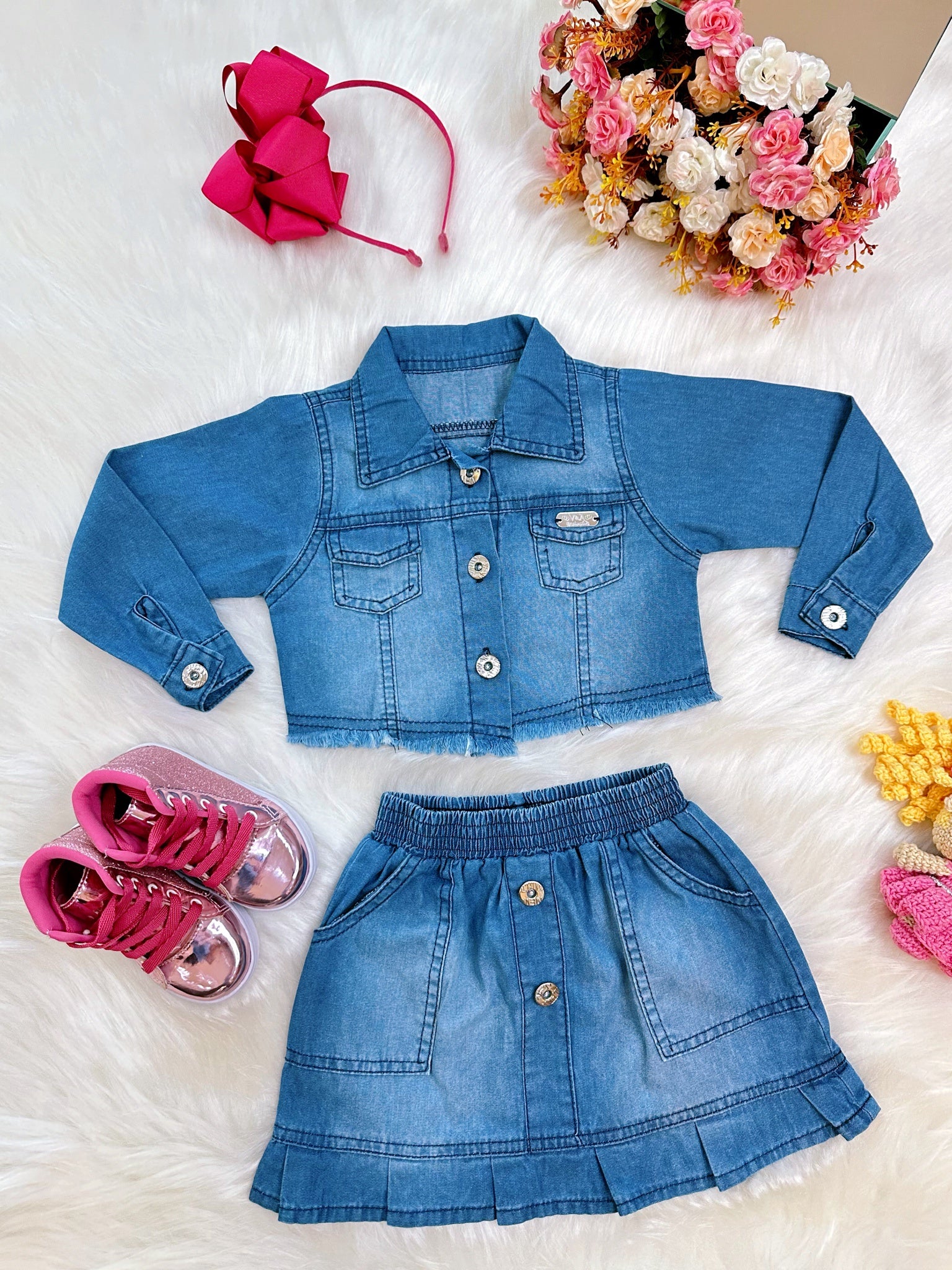 Conjunto Infantil Jaqueta e Saia Jeans Azul Luxo