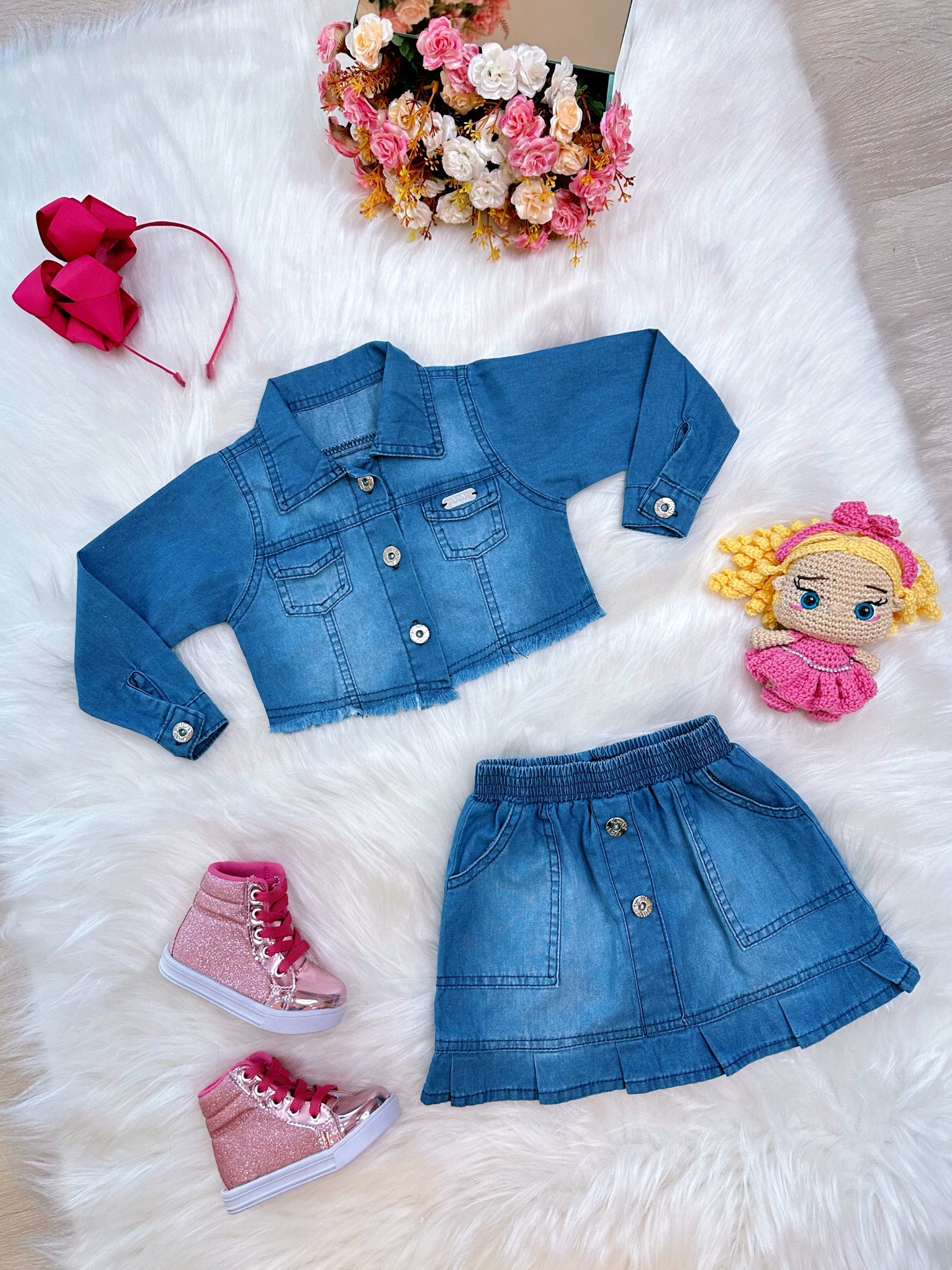 Conjunto Infantil Jaqueta e Saia Jeans Azul Luxo