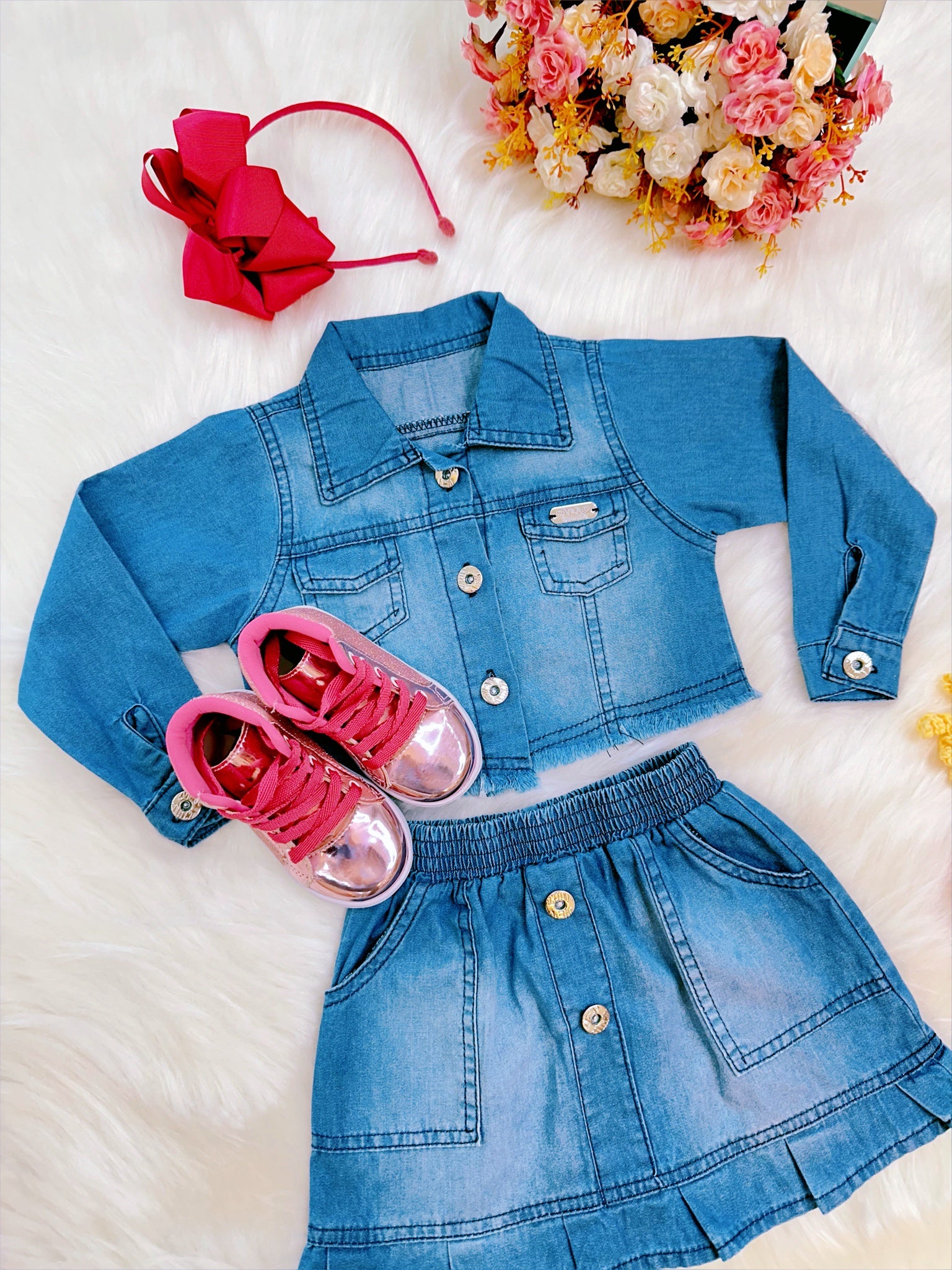 Conjunto Infantil Jaqueta e Saia Jeans Azul Luxo