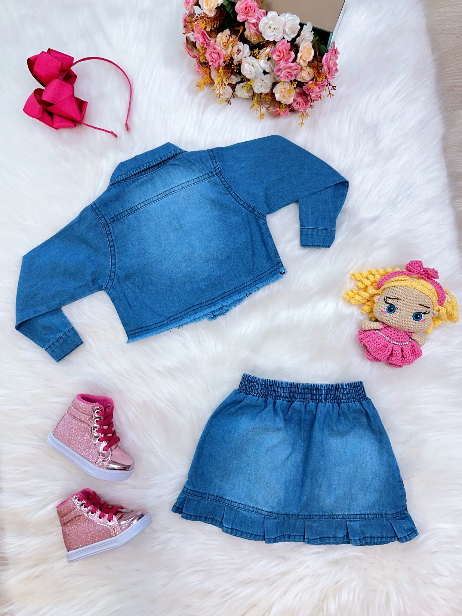 Conjunto Infantil Jaqueta e Saia Jeans Azul Luxo