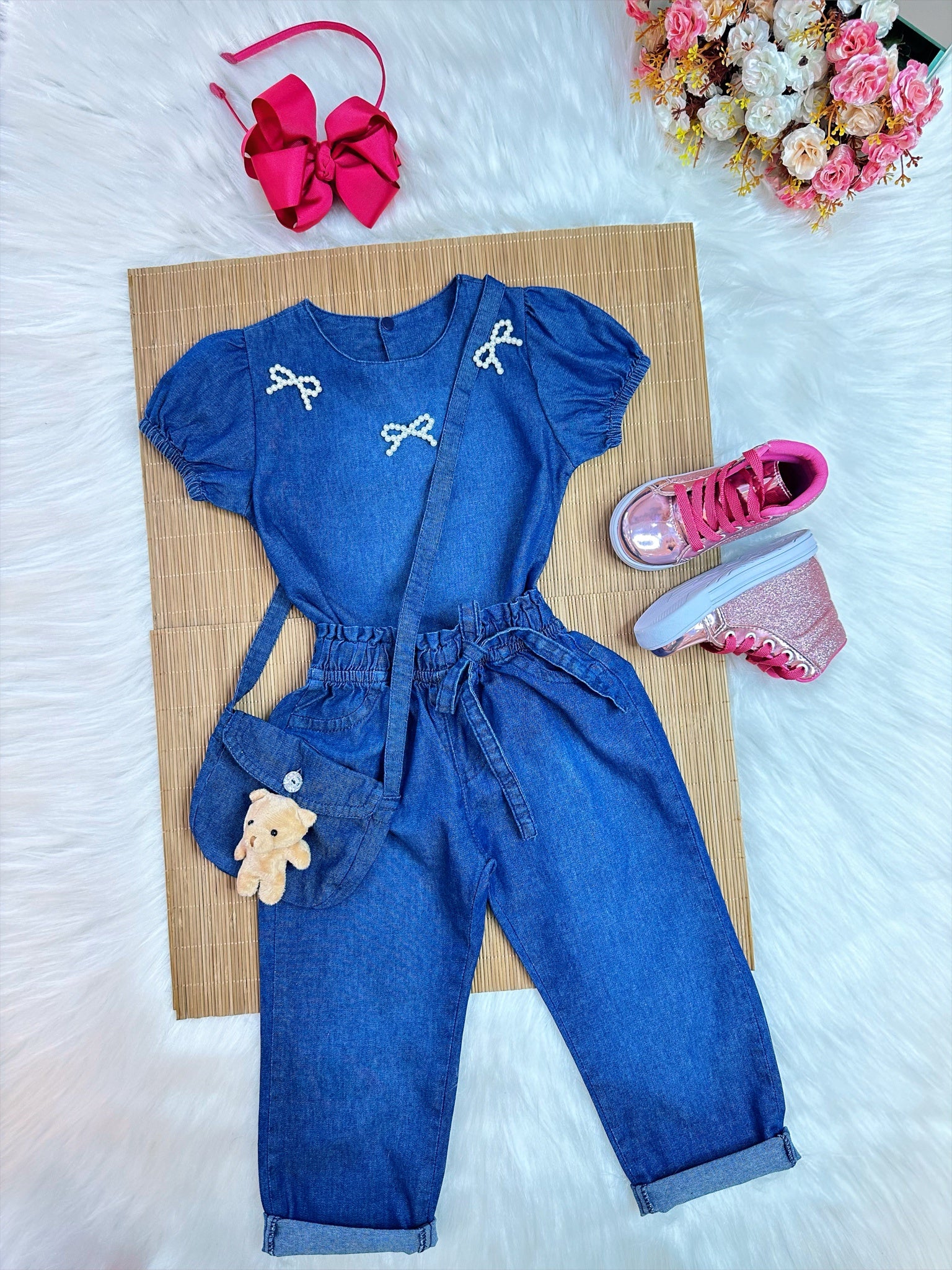 Conjunto infantil Jeans Azul C/ Blusa e Calça Bolsinha Casual