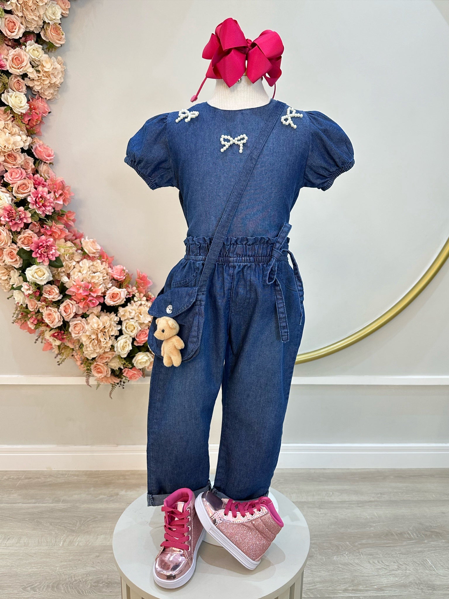 Conjunto infantil Jeans Azul C/ Blusa e Calça Bolsinha Casual