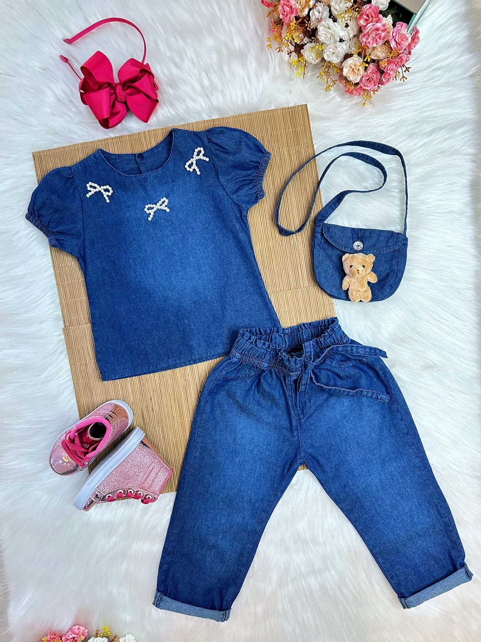 Conjunto infantil Jeans Azul C/ Blusa e Calça Bolsinha Casual