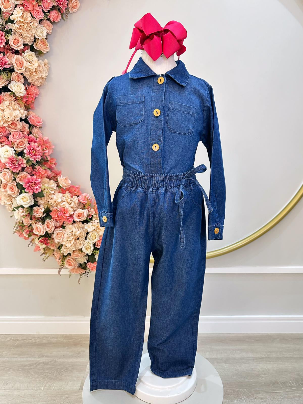 Conjunto infantil Jeans Azul Com Camisa e Calça Casual Luxo