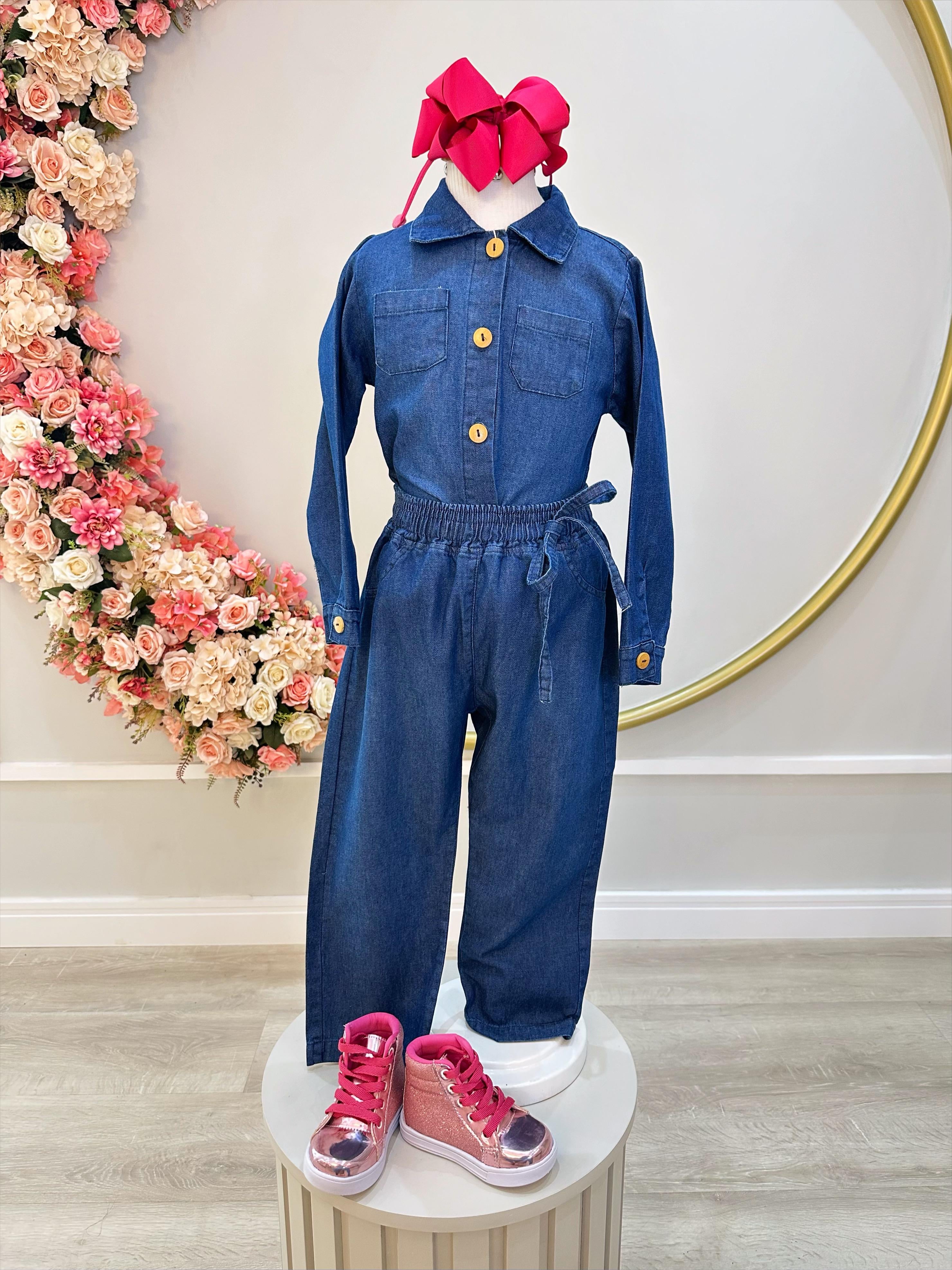 Conjunto infantil Jeans Azul Com Camisa e Calça Casual Luxo