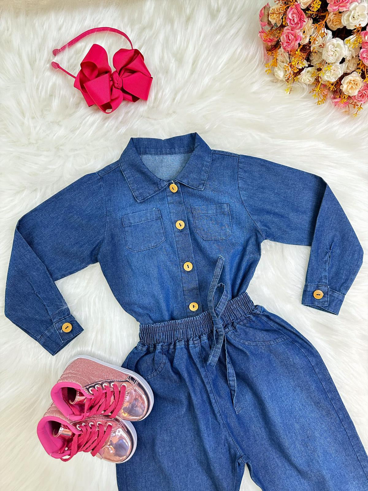 Conjunto infantil Jeans Azul Com Camisa e Calça Casual Luxo