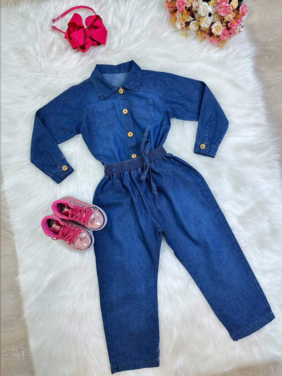 Conjunto infantil Jeans Azul Com Camisa e Calça Casual Luxo