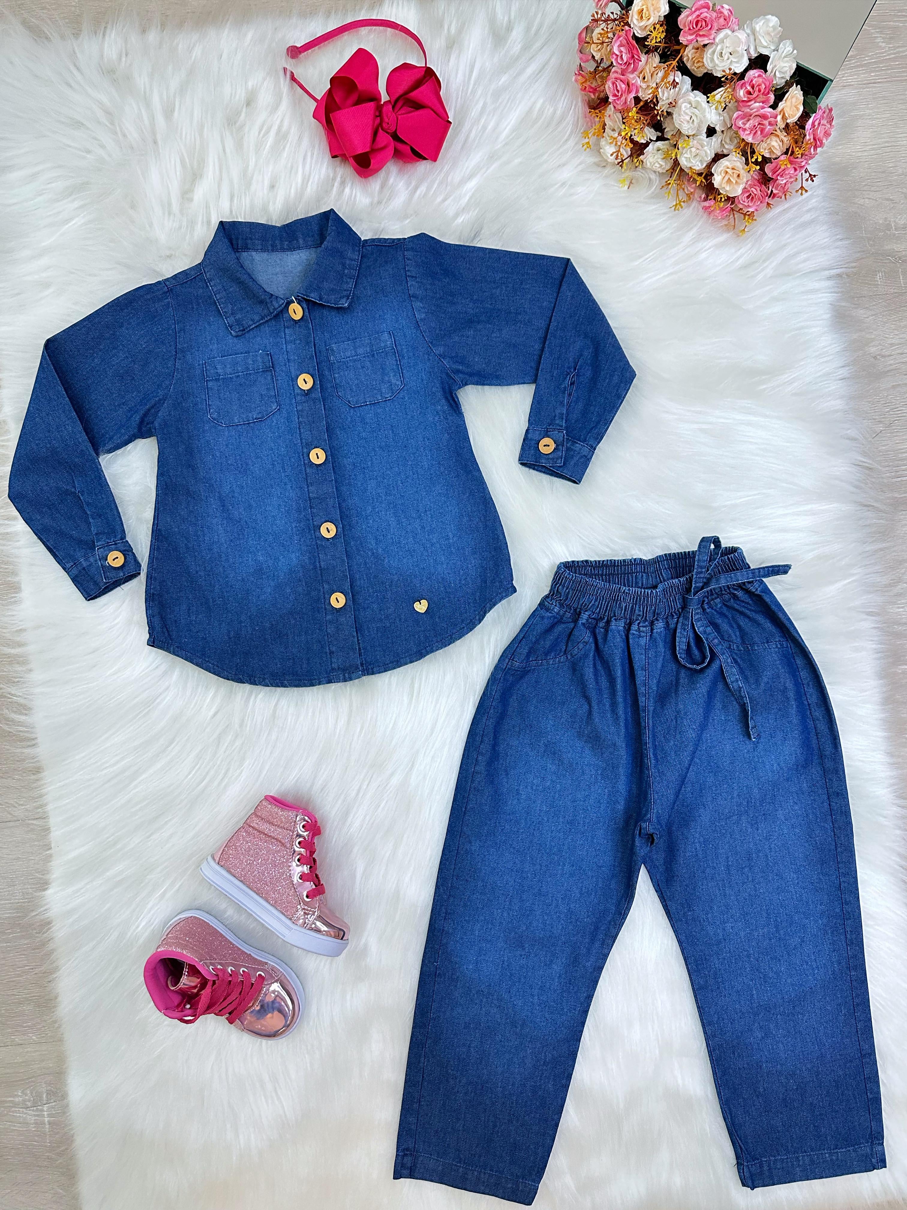 Conjunto infantil Jeans Azul Com Camisa e Calça Casual Luxo