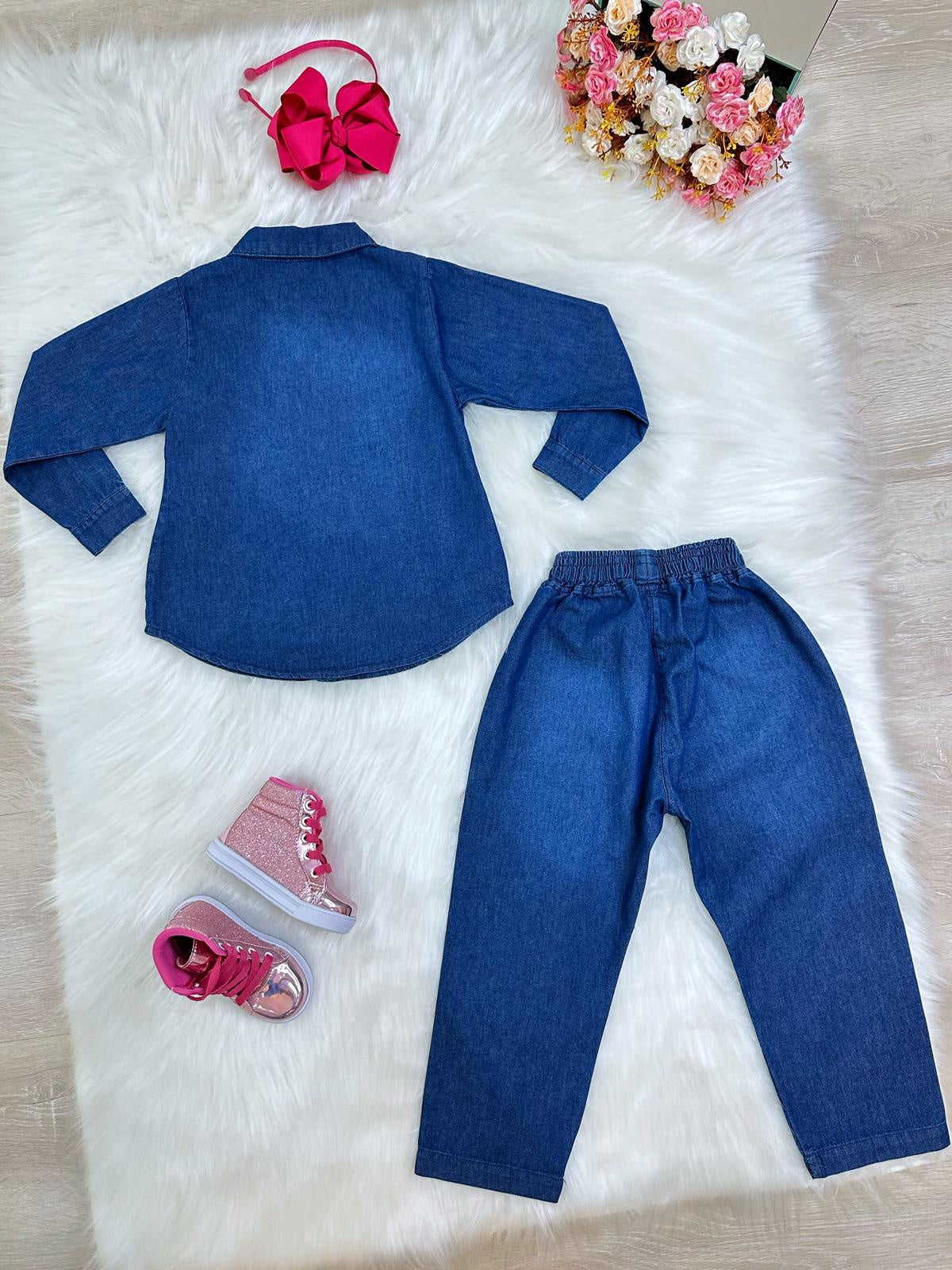 Conjunto infantil Jeans Azul Com Camisa e Calça Casual Luxo