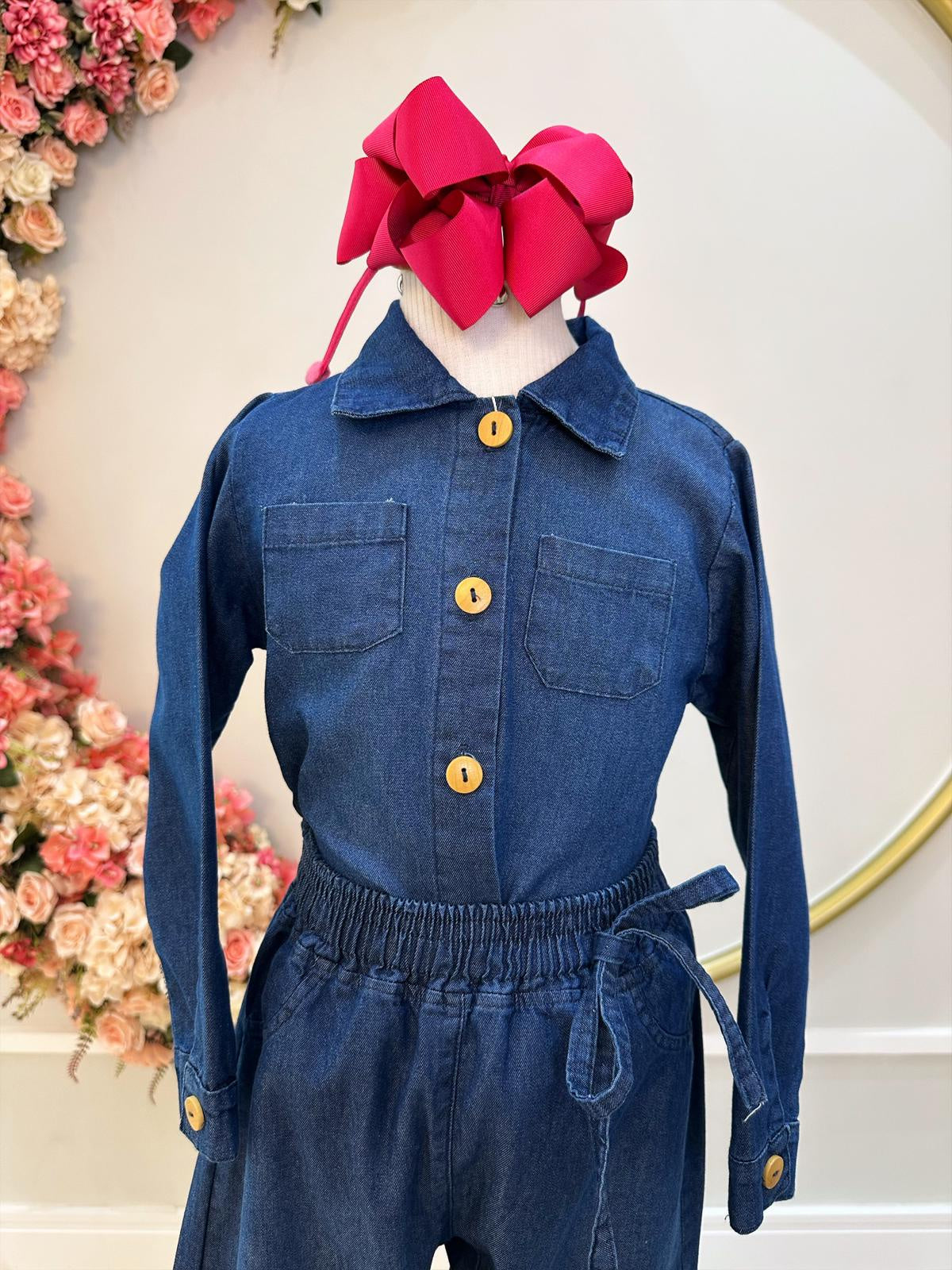 Conjunto infantil Jeans Azul Com Camisa e Calça Casual Luxo