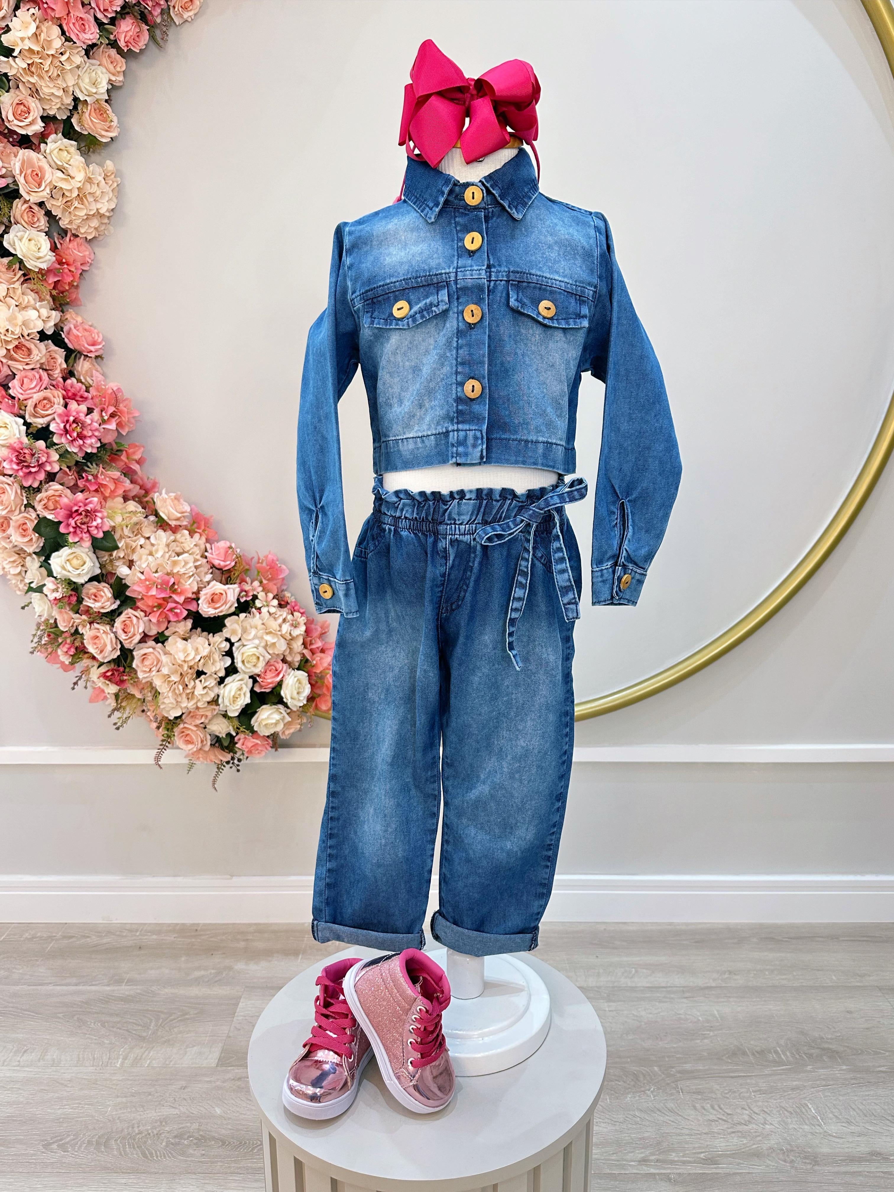 Conjunto infantil Jeans Azul Com Jaqueta e Calça Casual Luxo