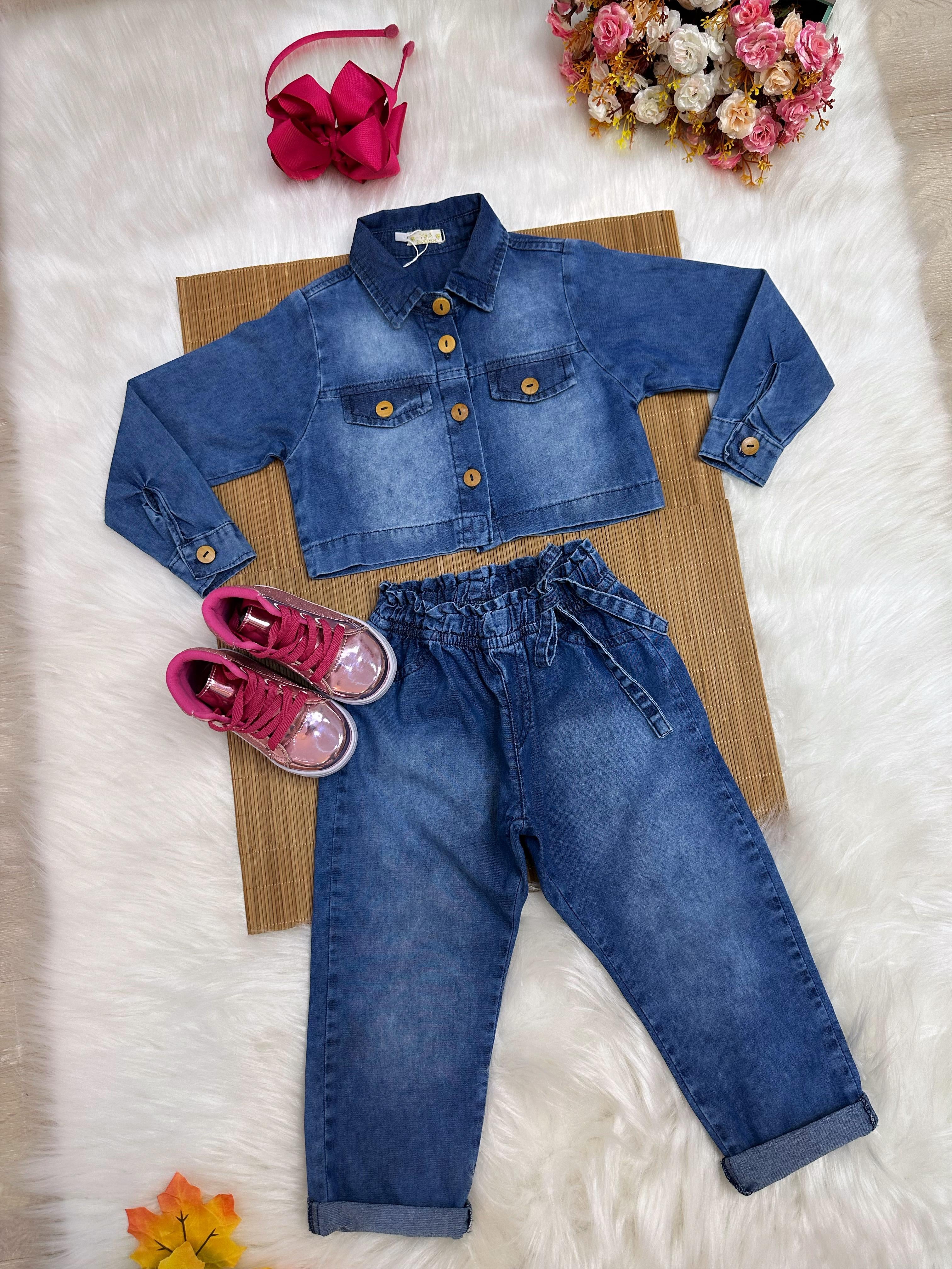 Conjunto infantil Jeans Azul Com Jaqueta e Calça Casual Luxo