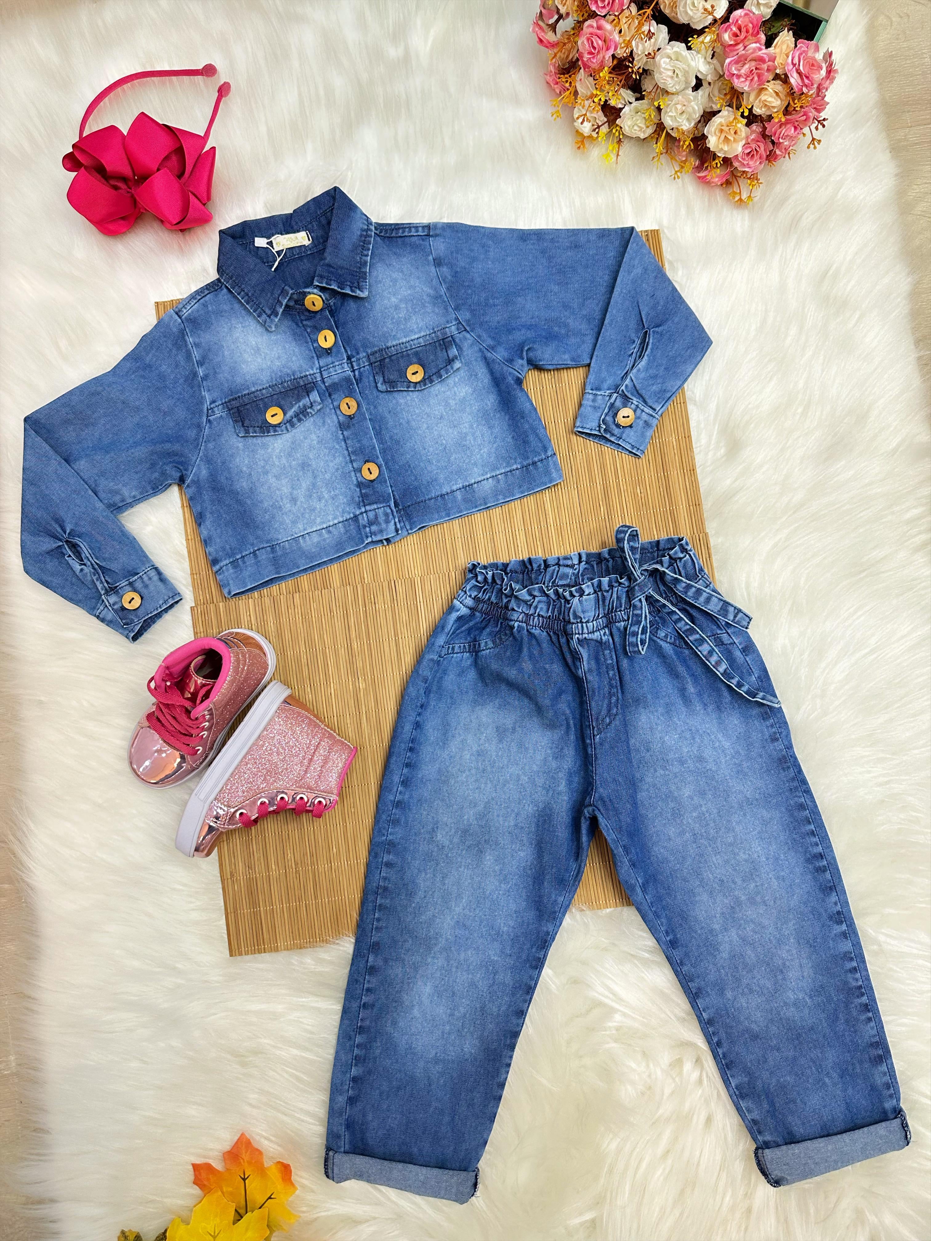 Conjunto infantil Jeans Azul Com Jaqueta e Calça Casual Luxo