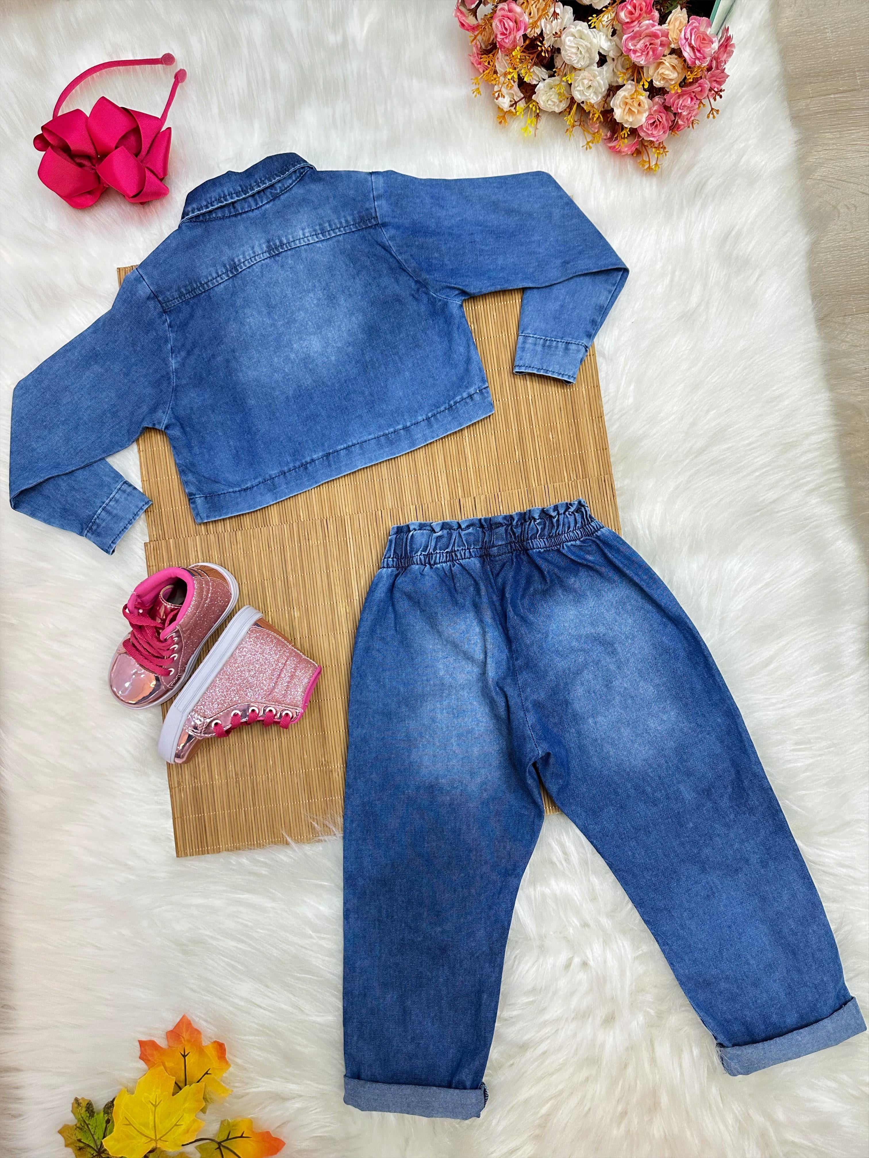 Conjunto infantil Jeans Azul Com Jaqueta e Calça Casual Luxo