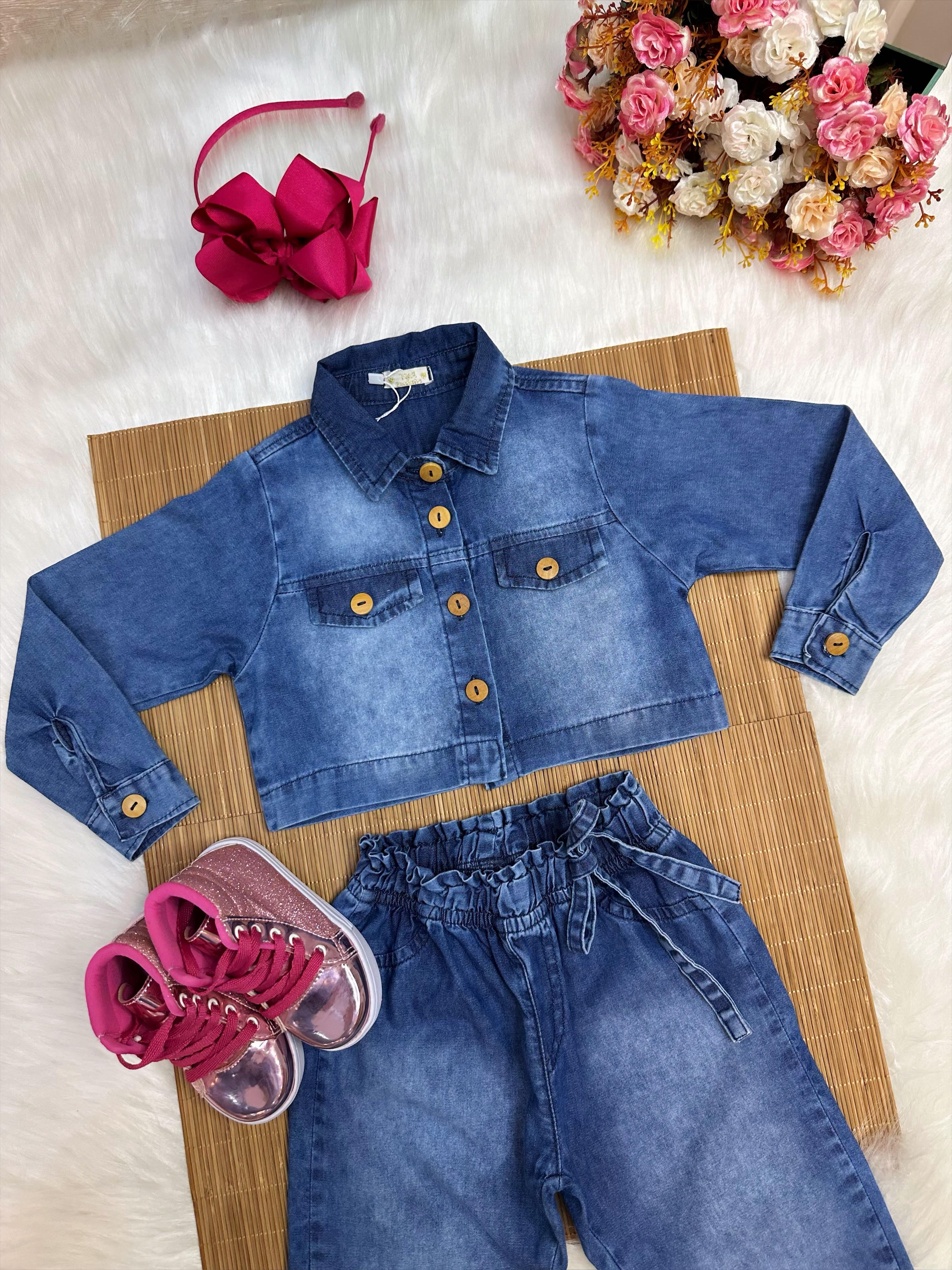 Conjunto infantil Jeans Azul Com Jaqueta e Calça Casual Luxo