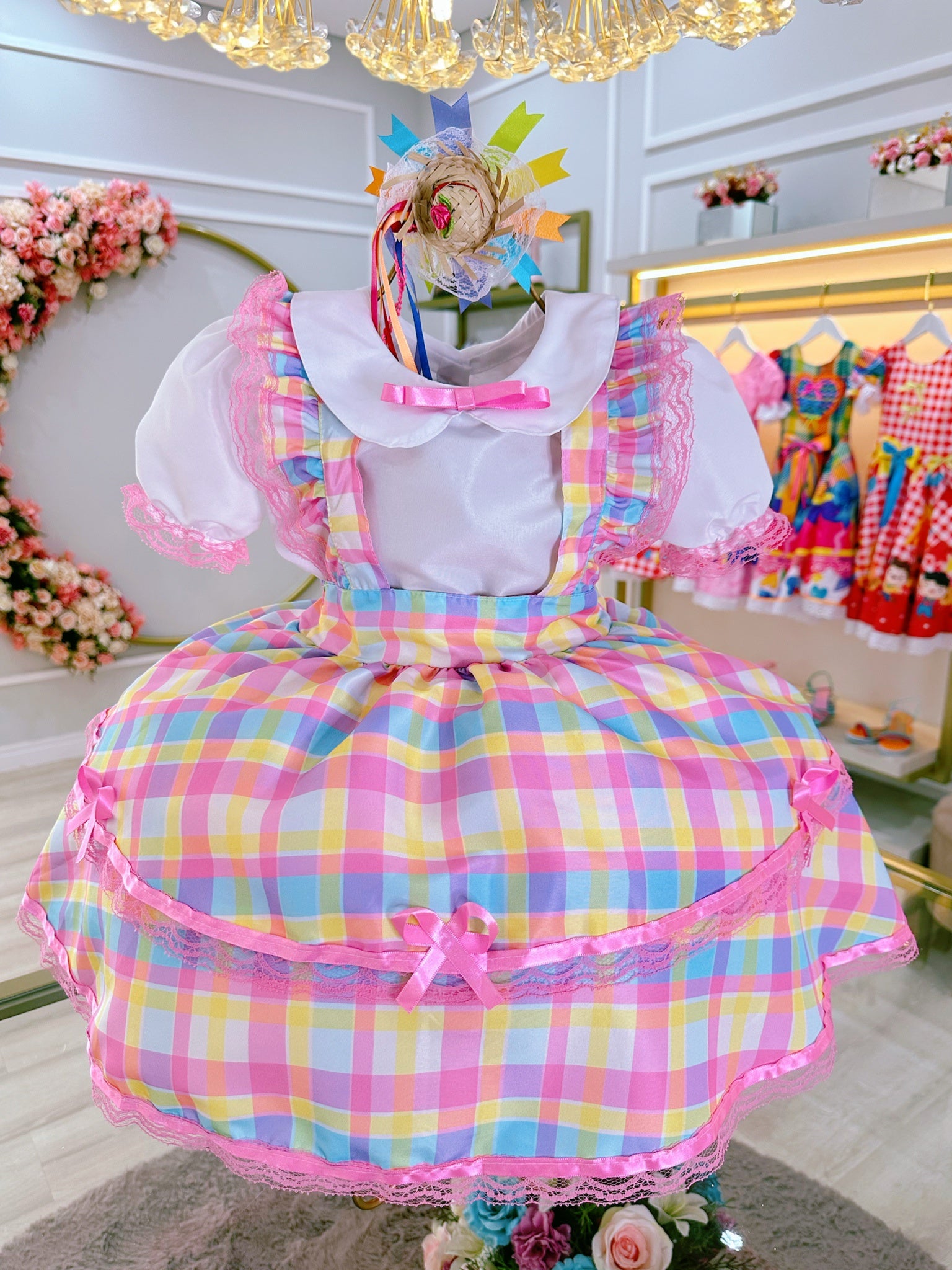 Conjunto Infantil Junino Camisa e Salopete Xadrez Rosa Estampado