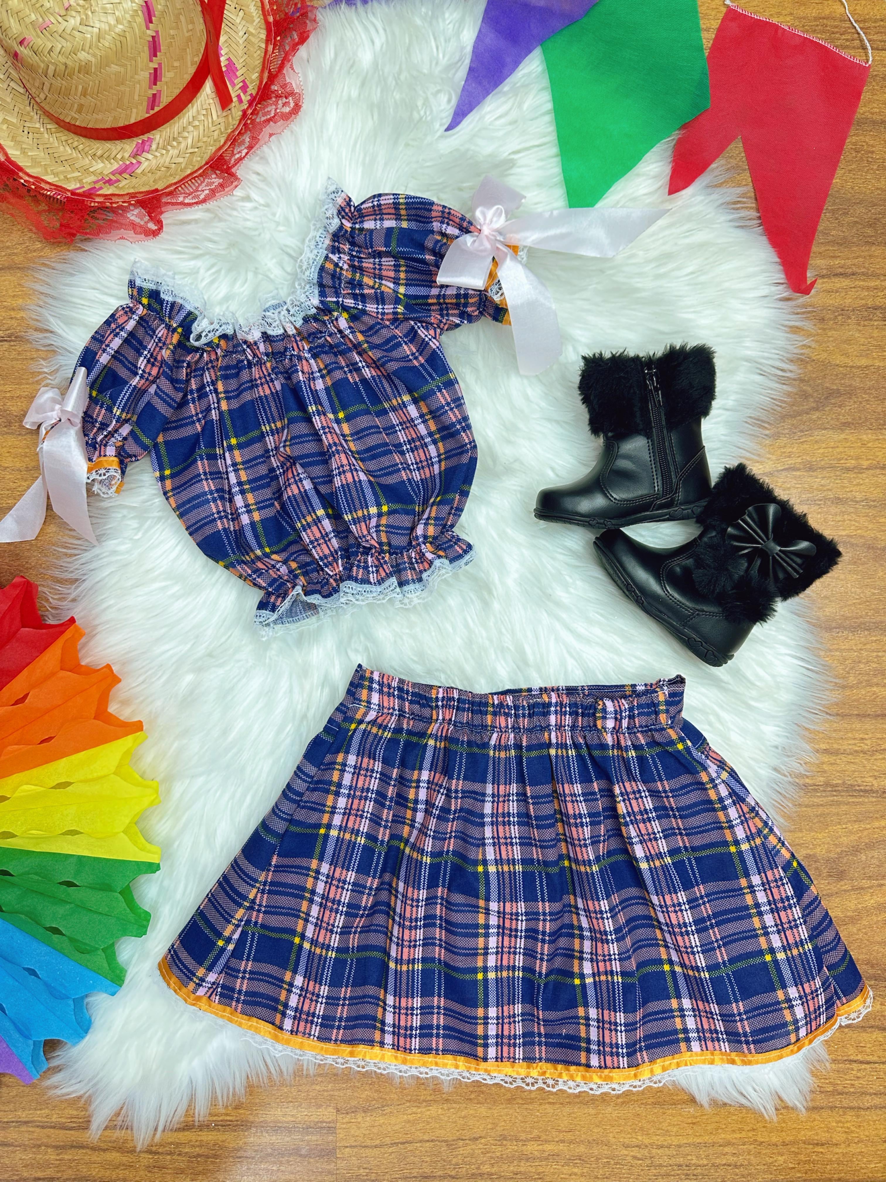 Conjunto Infantil Junino Ciganinha Azul Escuro Xadrez Colorido