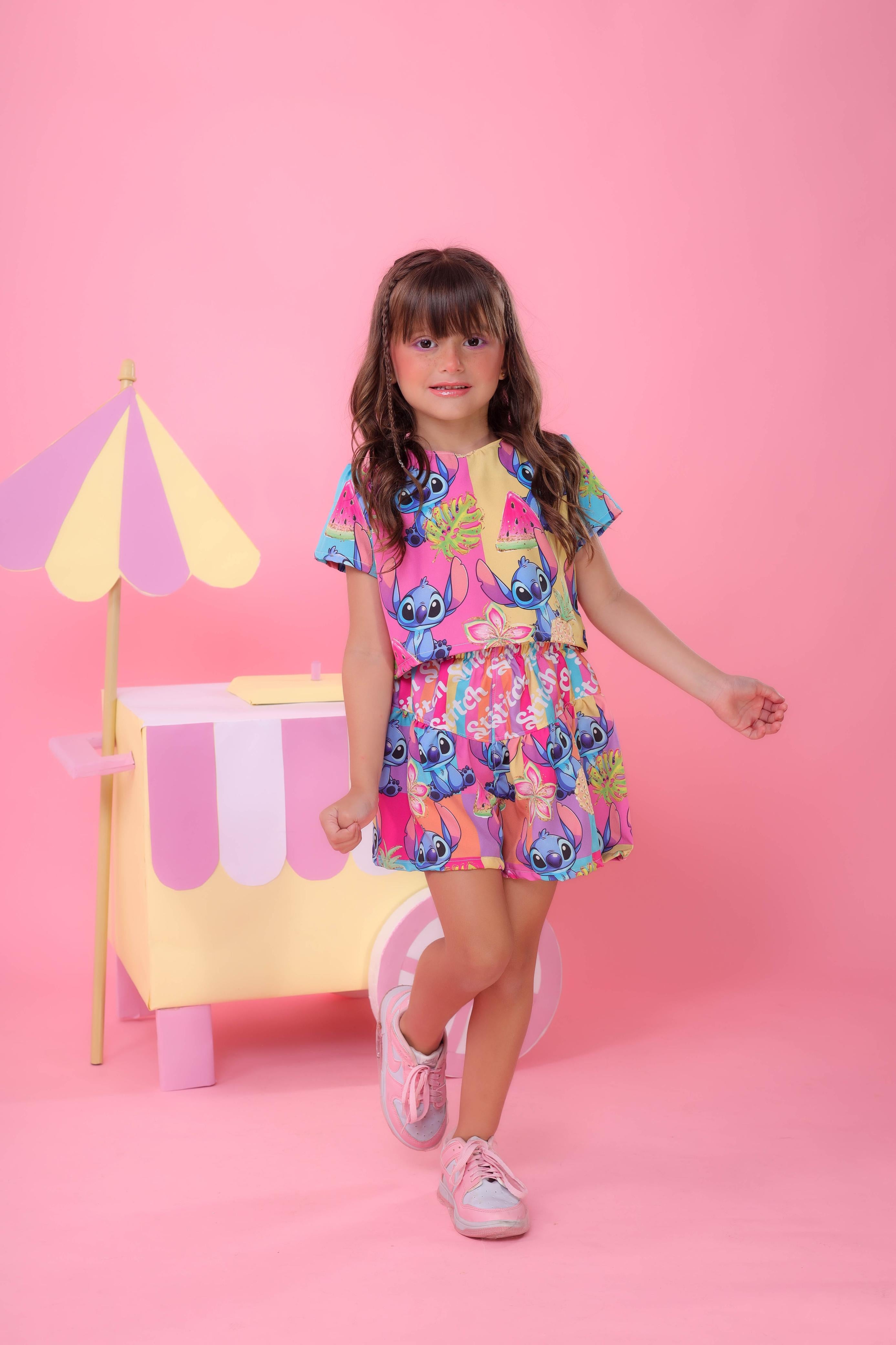 Conjunto Infantil Lilo e Stitch Rosa Luxo Festas