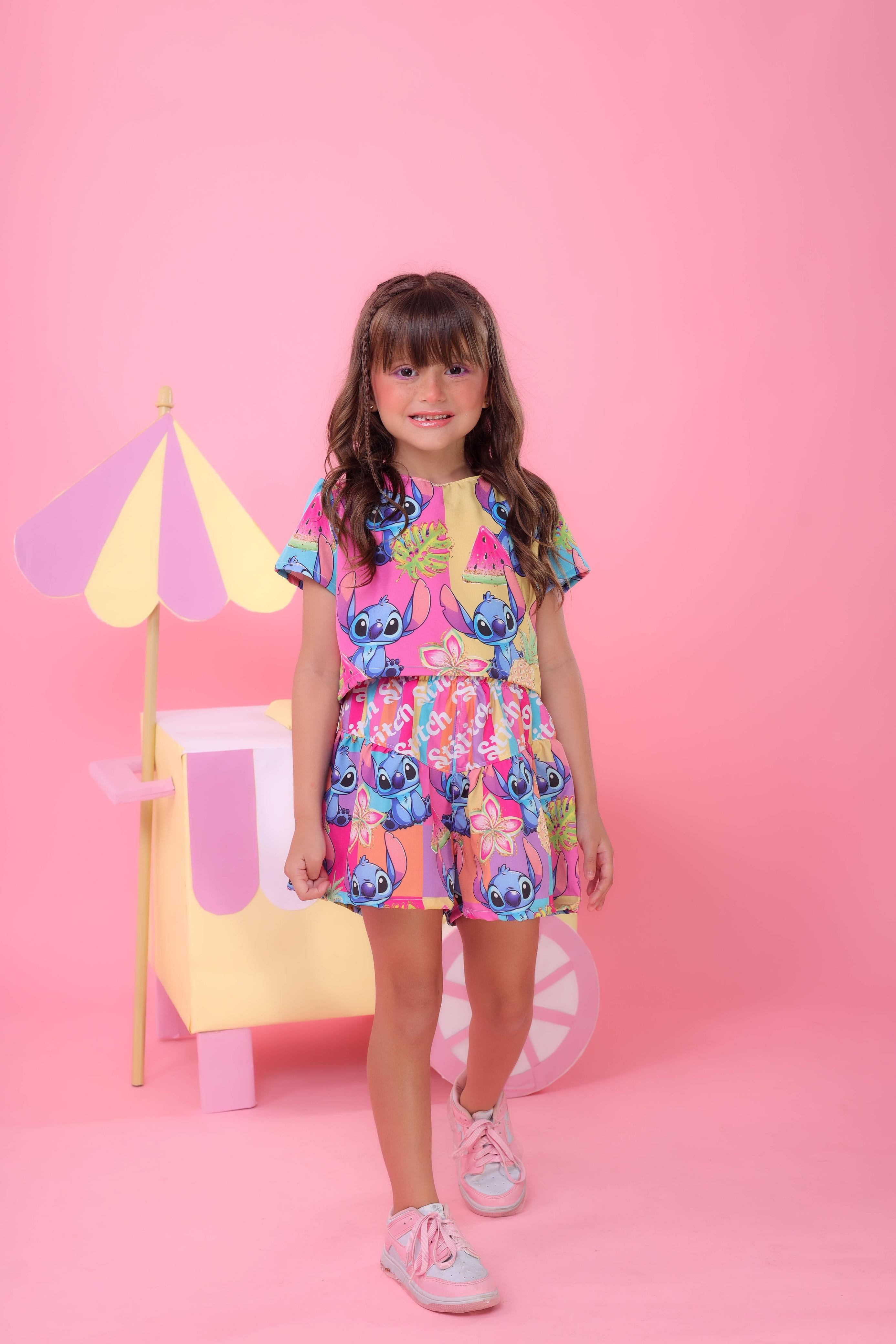 Conjunto Infantil Lilo e Stitch Rosa Luxo Festas