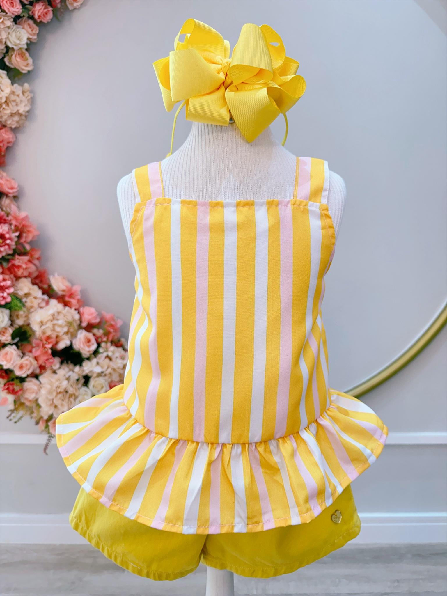 Conjunto Meninas Amarelo Listrado C/ Short e Pulseira