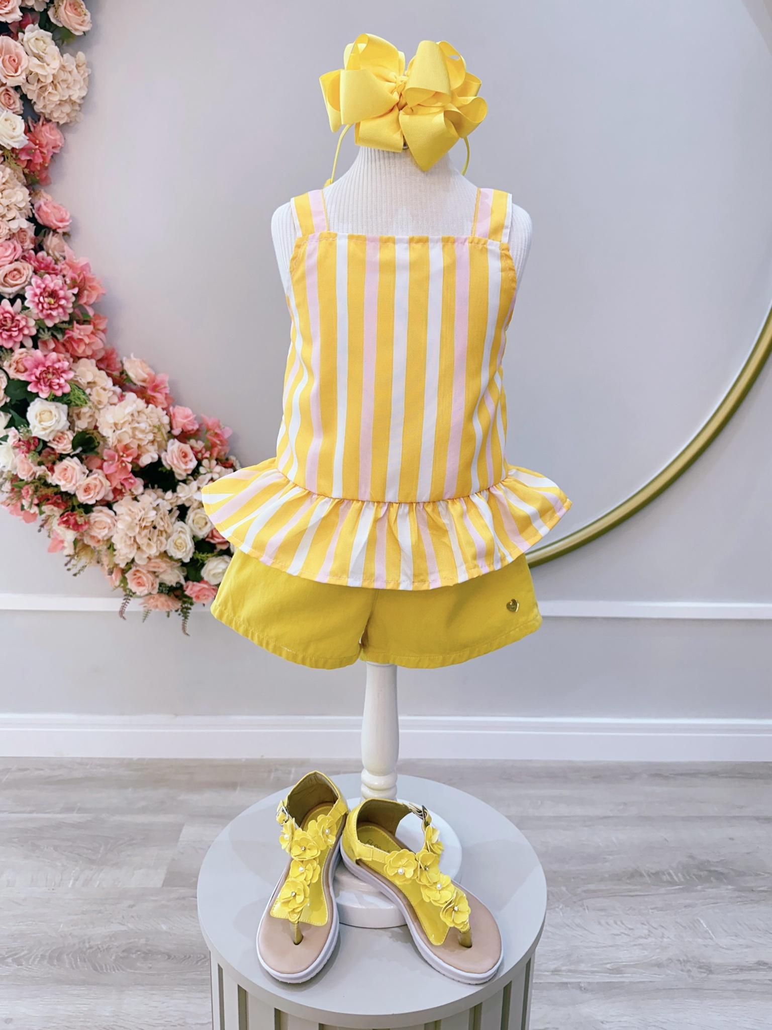 Conjunto Meninas Amarelo Listrado C/ Short e Pulseira