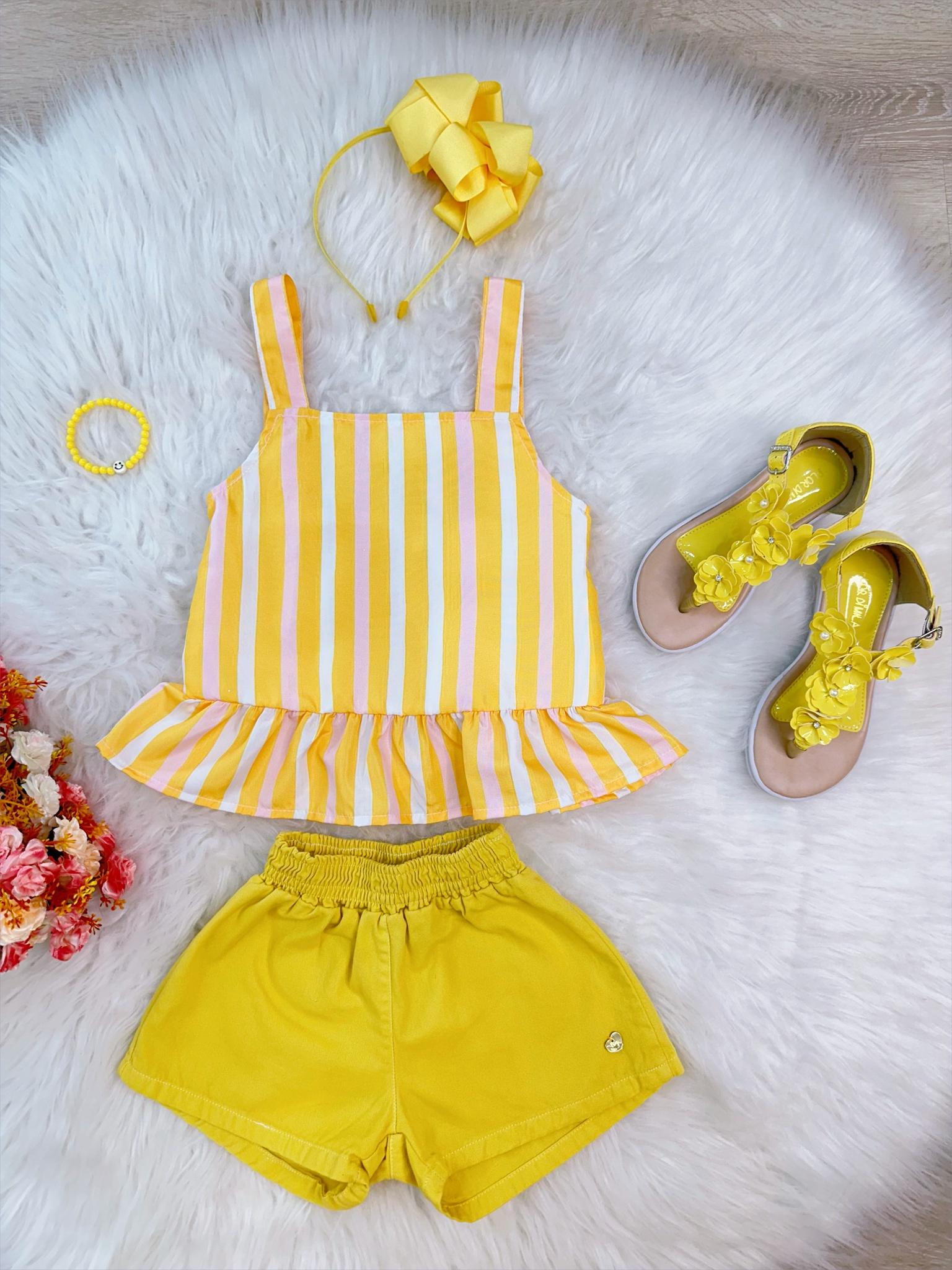Conjunto Meninas Amarelo Listrado C/ Short e Pulseira