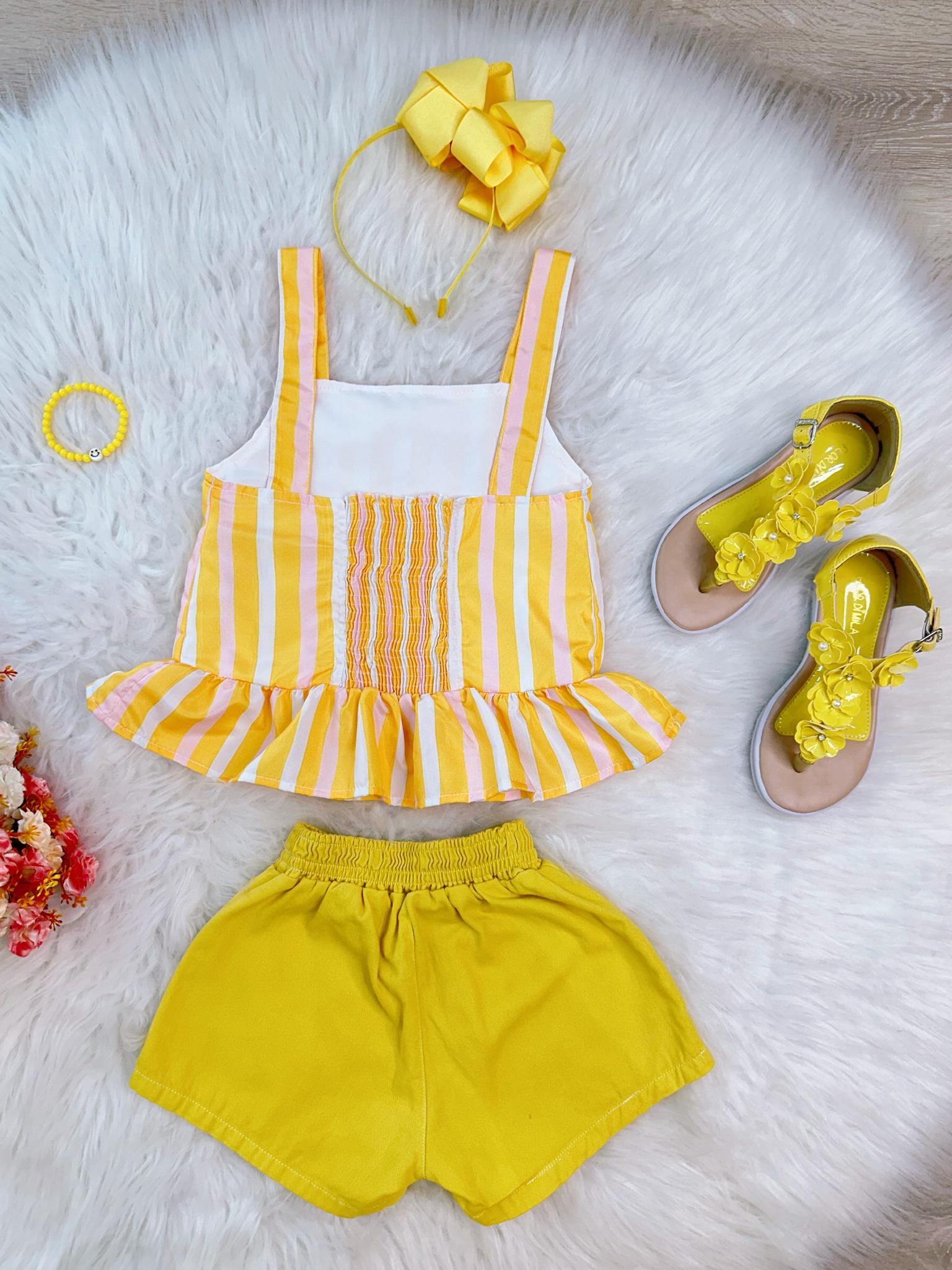 Conjunto Meninas Amarelo Listrado C/ Short e Pulseira