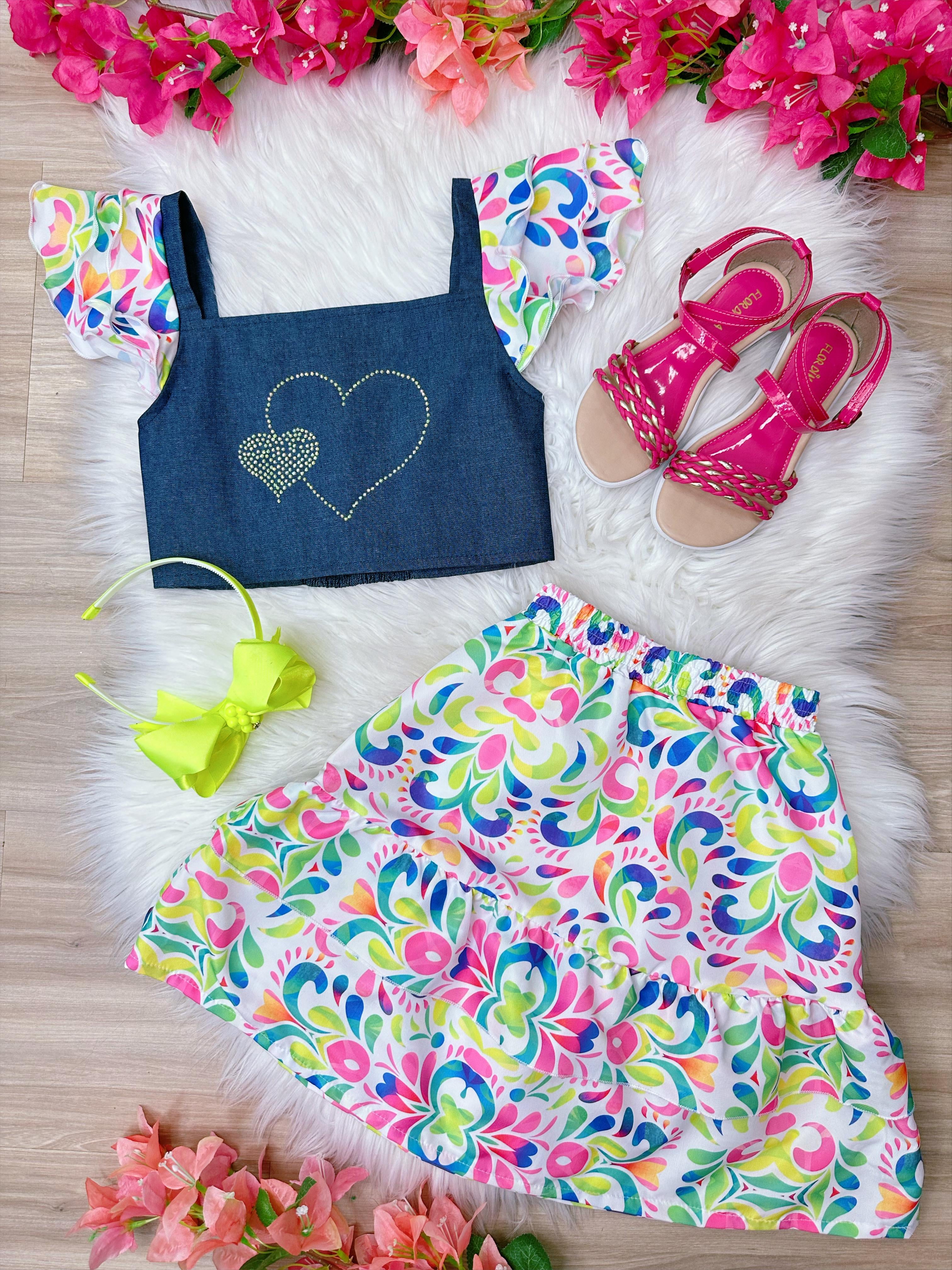 Conjunto Meninas Blusa Jeans e Saia Colorida Luxo