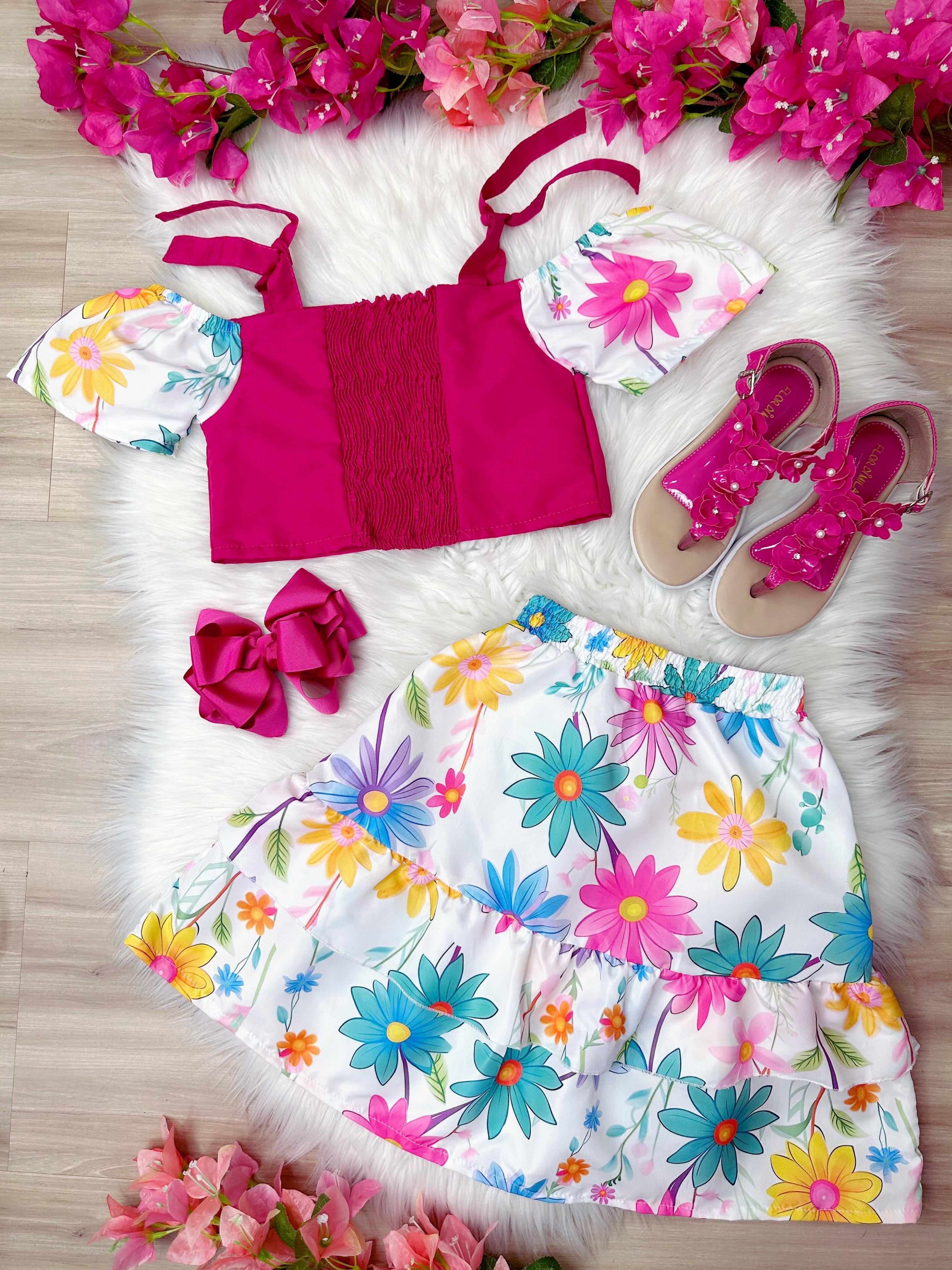 Conjunto Meninas Blusa Pink e Saia Florida Margaridas Luxo