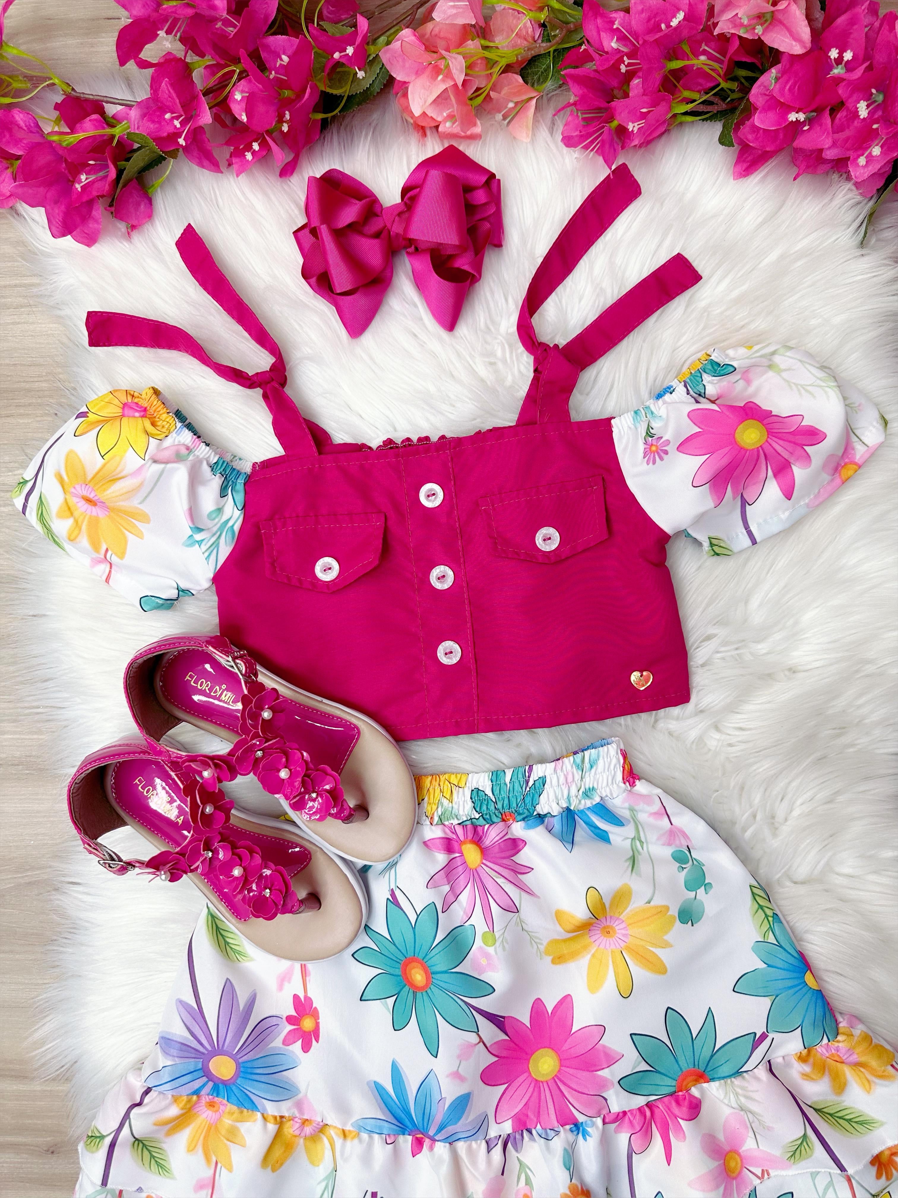 Conjunto Meninas Blusa Pink e Saia Florida Margaridas Luxo