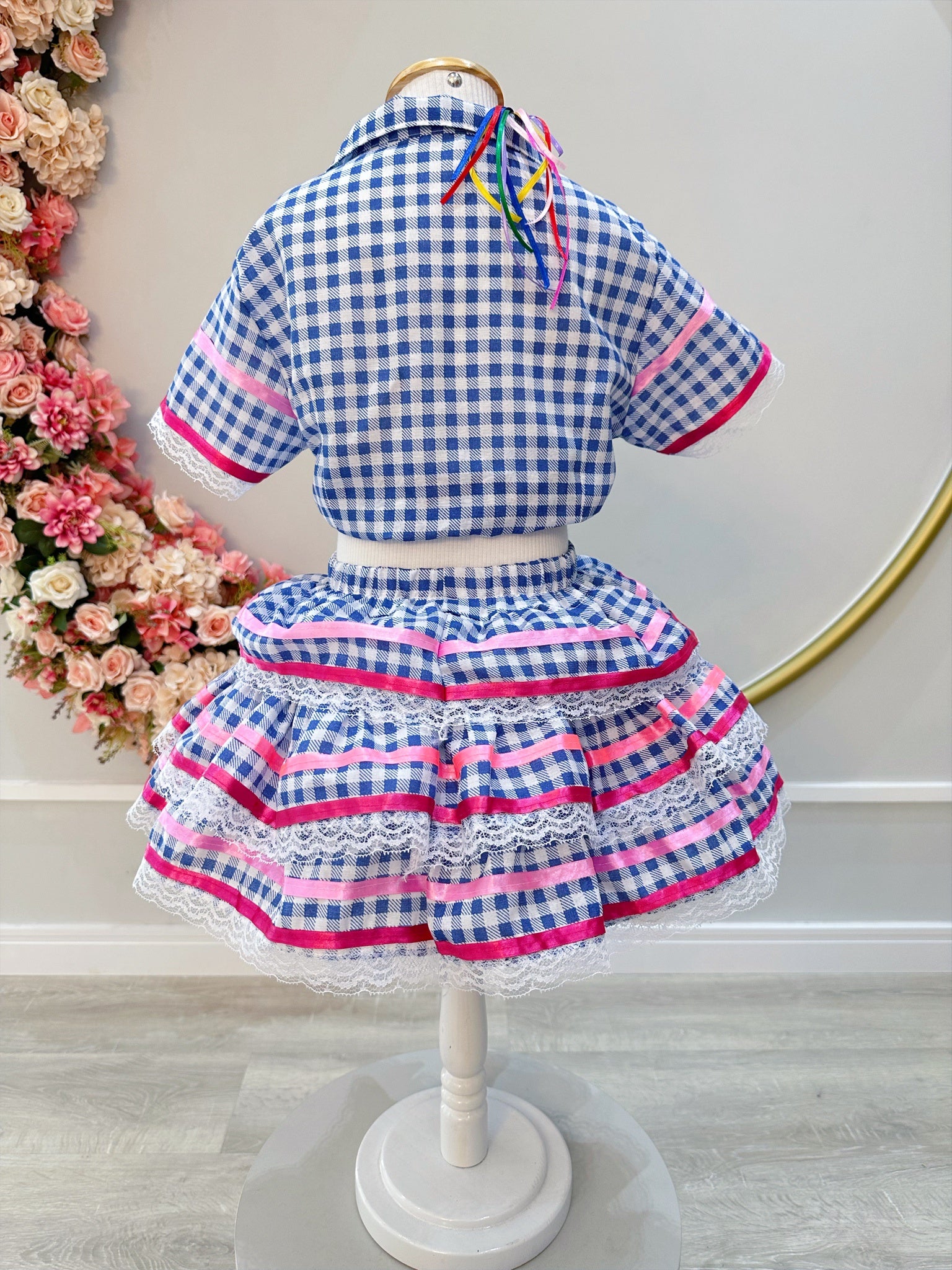 Conjunto Meninas Junino Azul Cropped Xadrez C/ Mini Saia