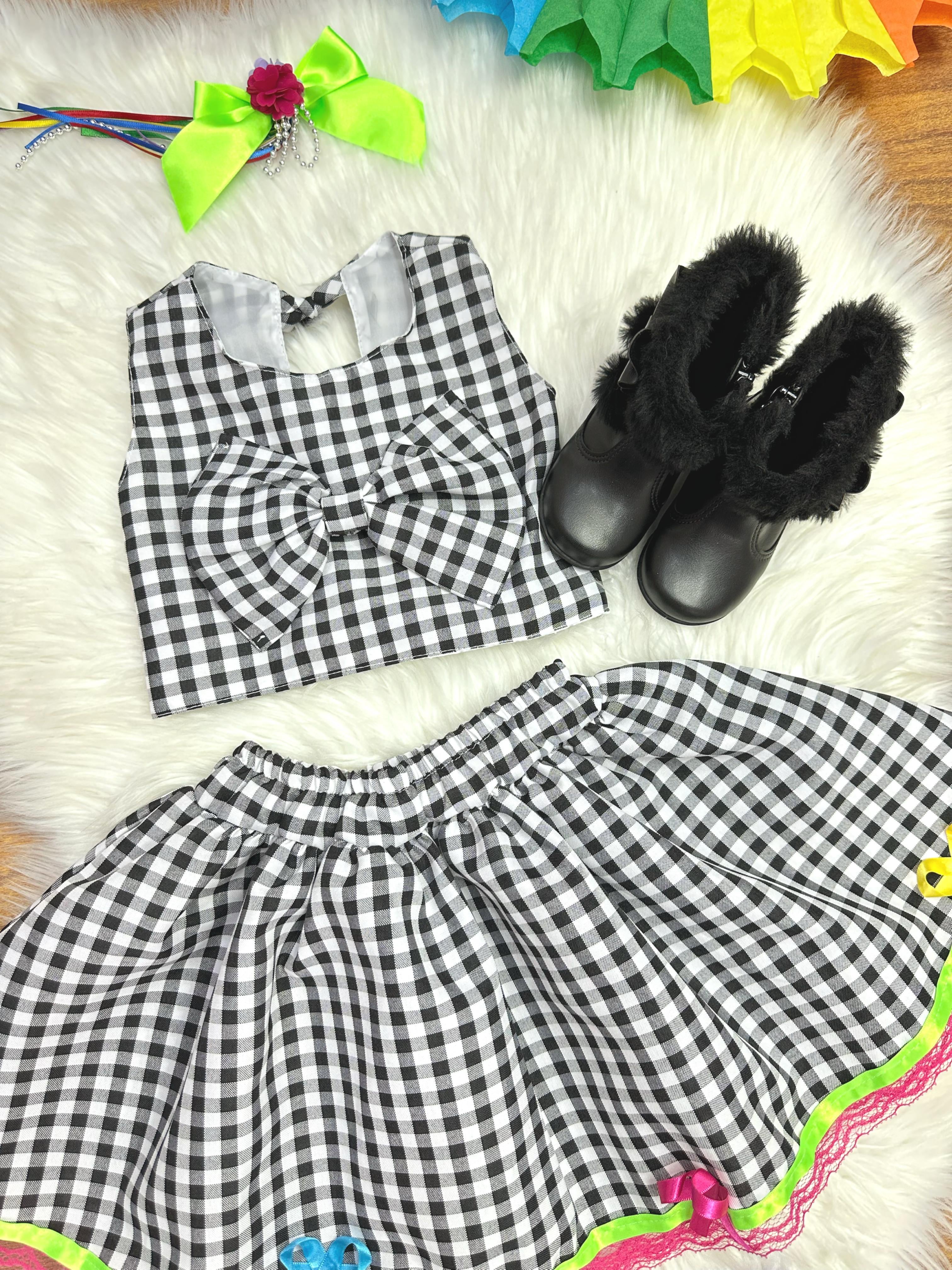 Conjunto Meninas Junino Caipira Preto Xadrez Cropped Com Saia